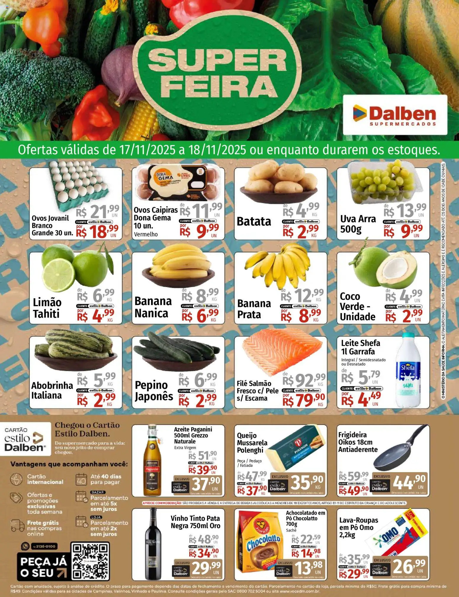 Pré-Visualização do folheto "Ofertas da semana" da loja Supermercado Dalben válido a partir de 17/11/2025 - Bebidas, Ovos, Leite, Queijo, Azeite, Mussarela, Pó, Vinho tinto