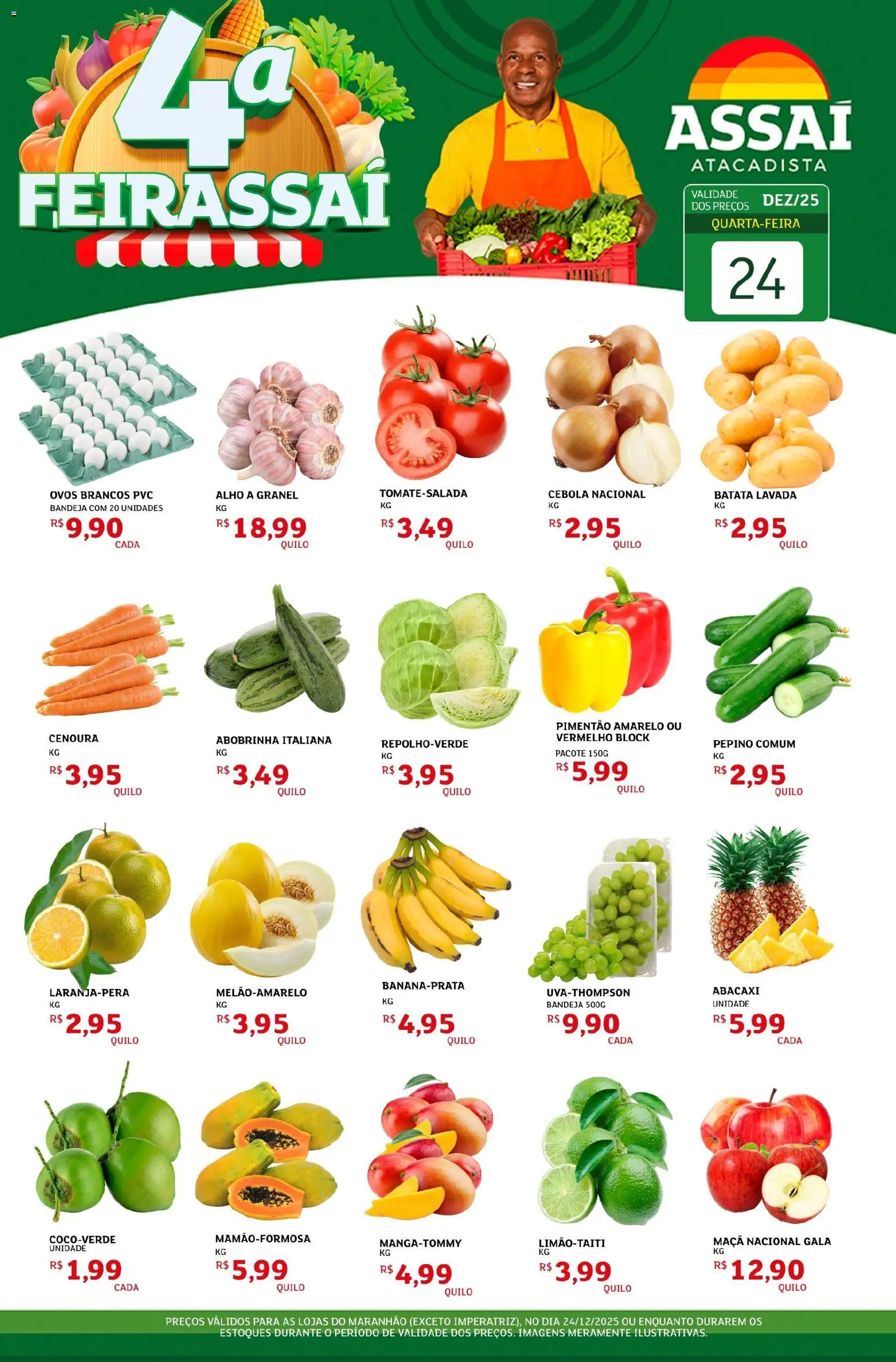 Pré-Visualização do folheto "Encarte - MA" da loja Assaí Atacadista válido a partir de 24/12/2025 - Ovos, Abacaxi, Batata, Abobrinha, Cenoura, Cebola, Bandeja, Alho