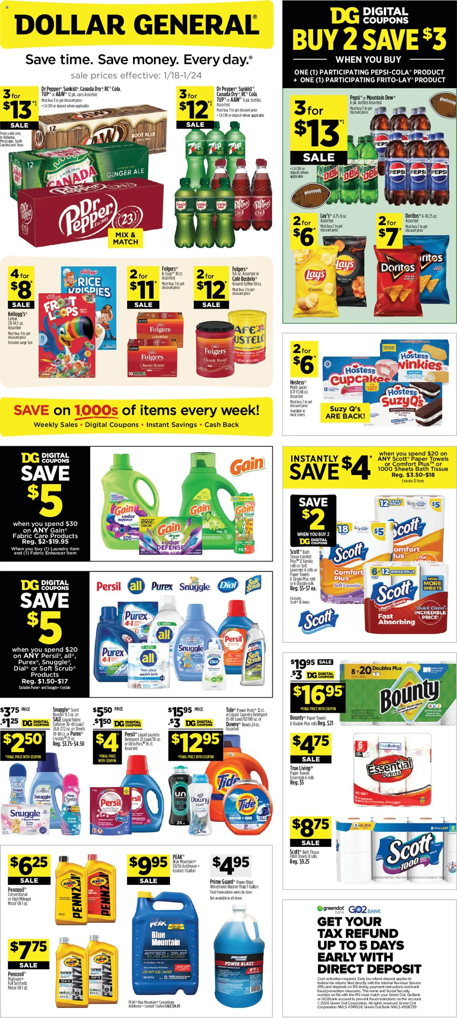 Ad Preview of Dollar General Weekly Ad from 01/18/2026 - Water, Rice, Oil, Washer, Laundry detergent, Windshield, Detergent, Ground coffee