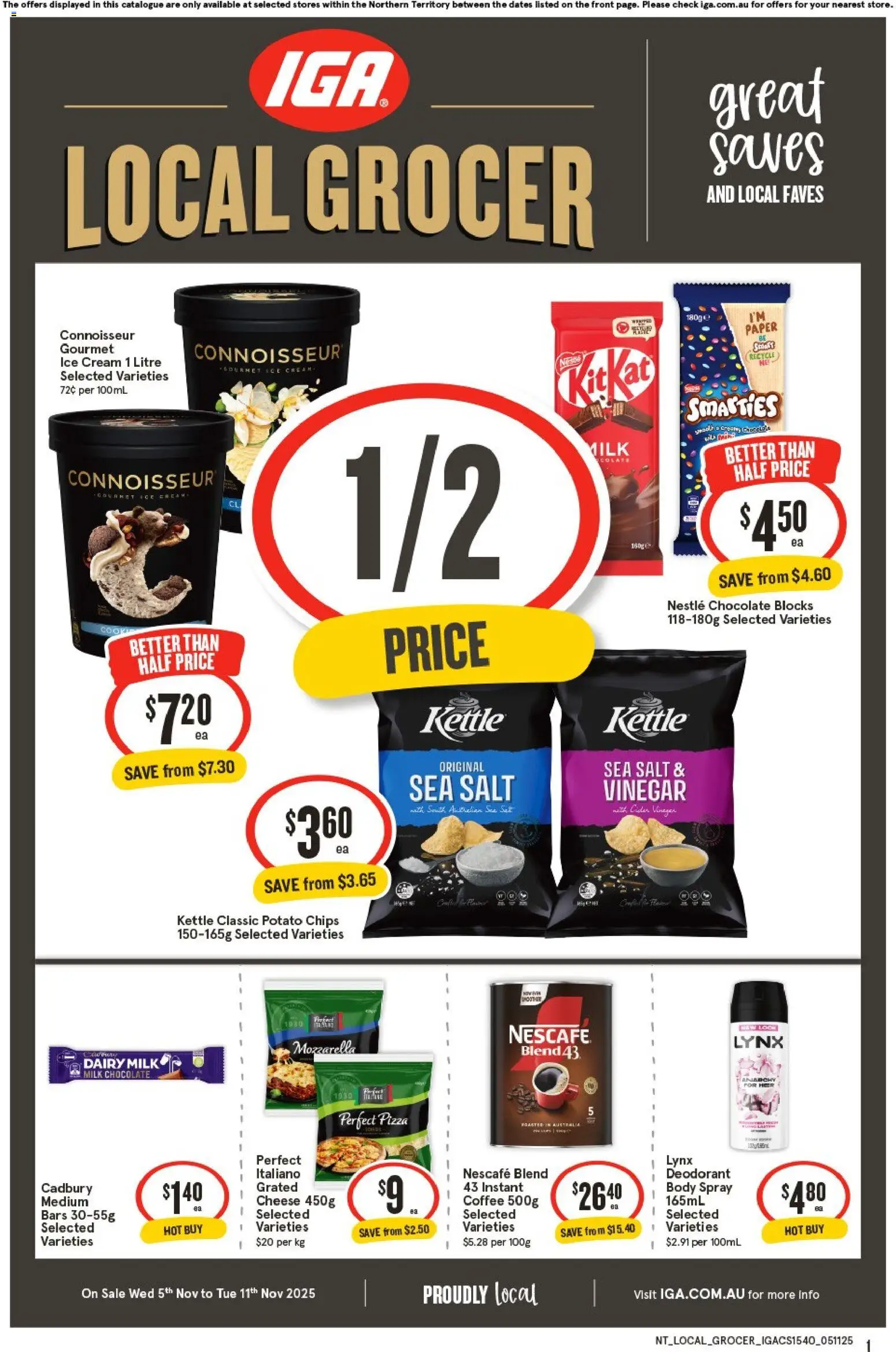 Preview of catalogue Local Grocer NT from shop IGA valid 05/11/2025 - Milk, Cheese, Coffee, Chocolate, Pizza, Deodorant, Nescafe, Kettle