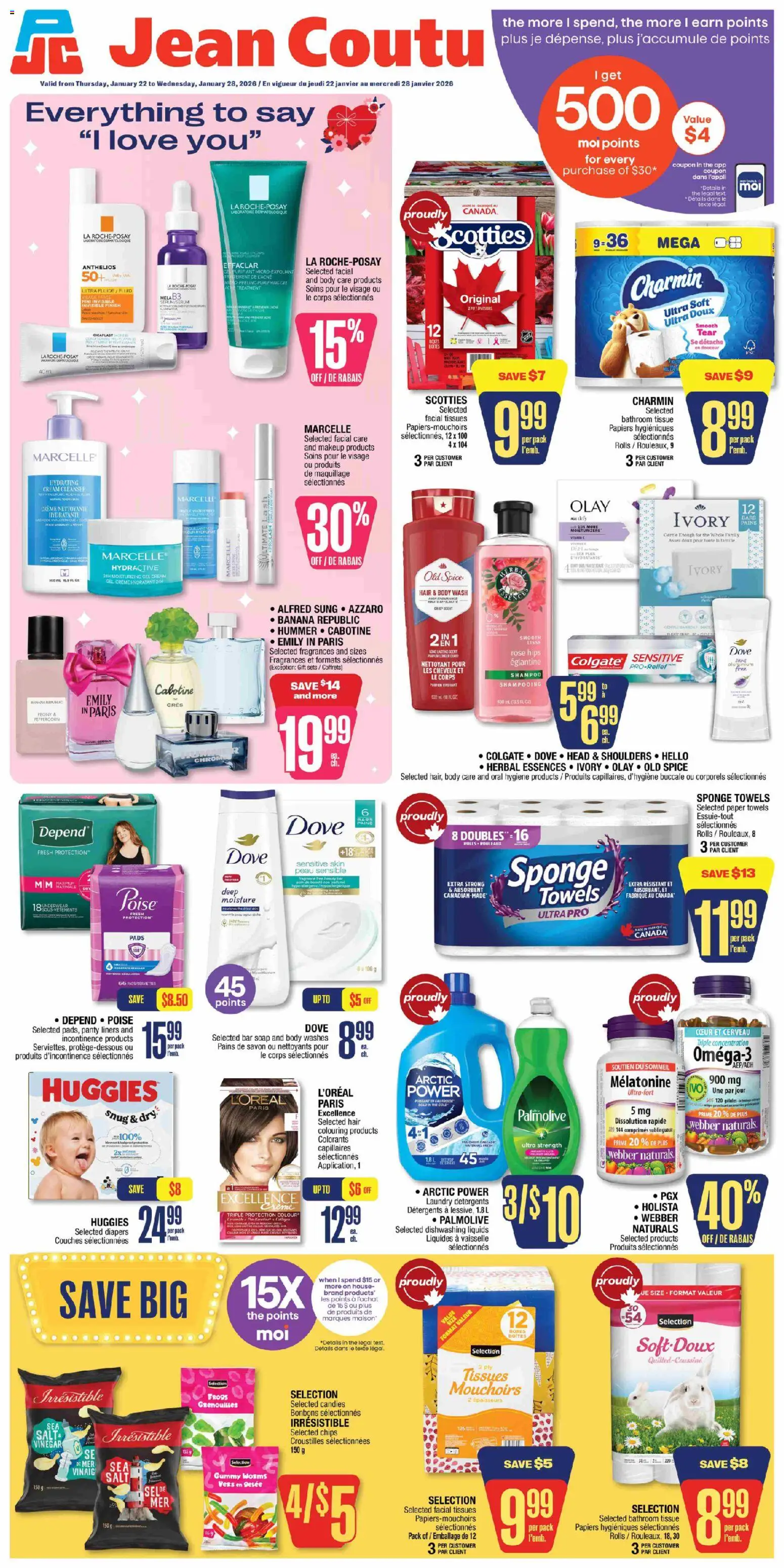 Preview of leaflet Weekly Flyer from shop Jean Coutu is valid from Jan 22, 2026 - Couches, Bonbons, Eau, Crème, Vaisselle, Thé, Savon, Croustilles