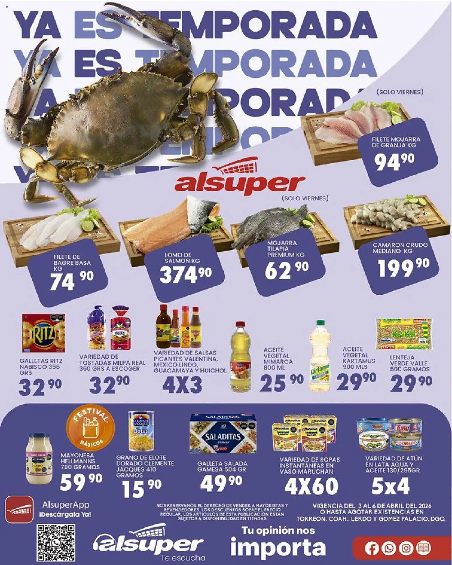 Vista previa las ofertas de la tienda Alsuper - Alsuper folleto Torreon desde el 03/04/2026 - Agua, Galletas, Tostadas, Aceite, Atún, Mayonesa, Sobre, Salmón