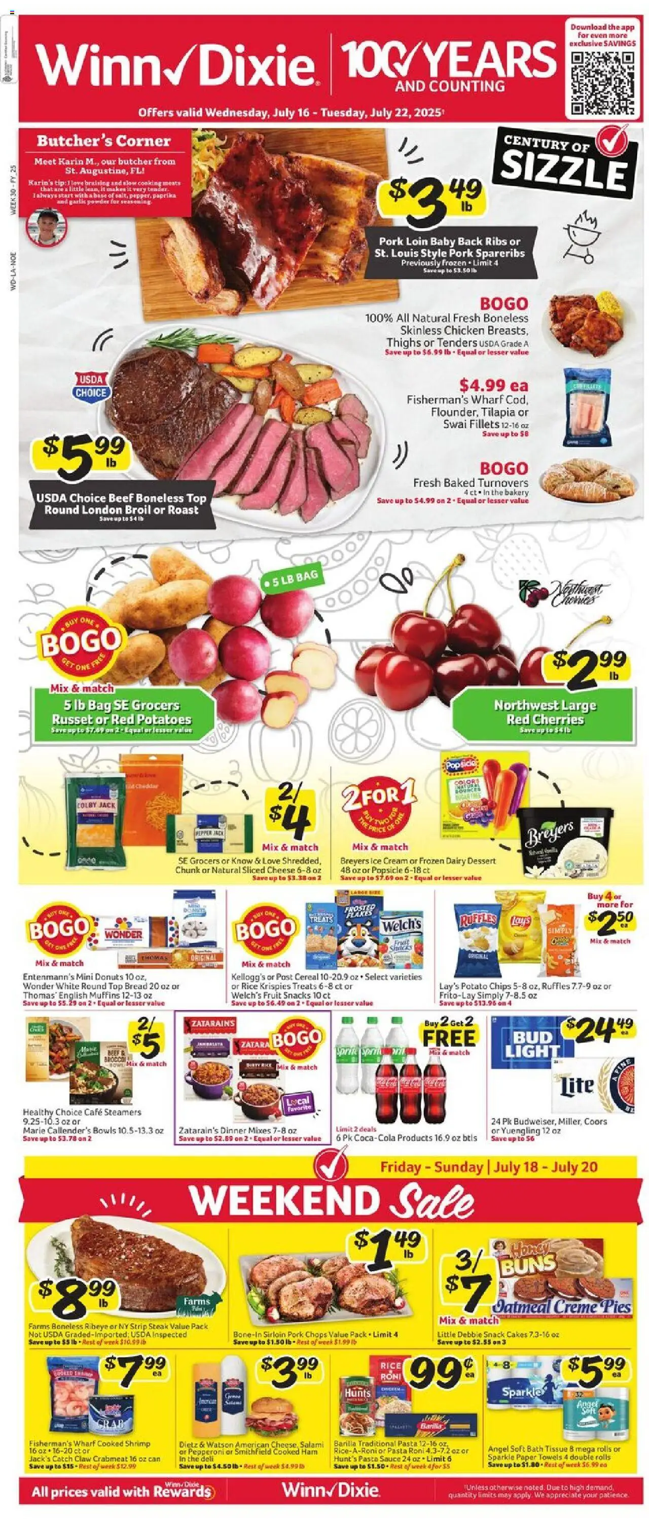 Winn Dixie Weekly Circular - LA from 07/16/2025 - Flyer - Page number 1 - Sliced cheese, Shrimp, Tilapia, Chips, Ice cream, Potatoes, Paper towels, Bag