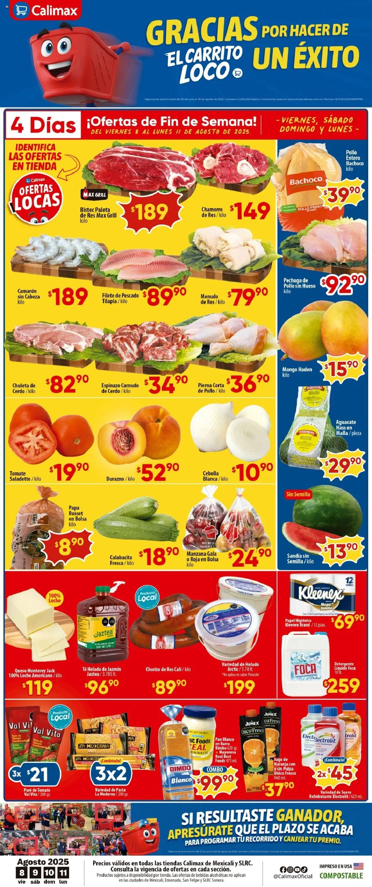 Folleto Mexicali Calimax y sus promociones válidas desde el 08/08/2025 - Número de página 1 - Té, Bolsa, Tomate, Cebolla, Cerdo, Harina, Res, Chuleta