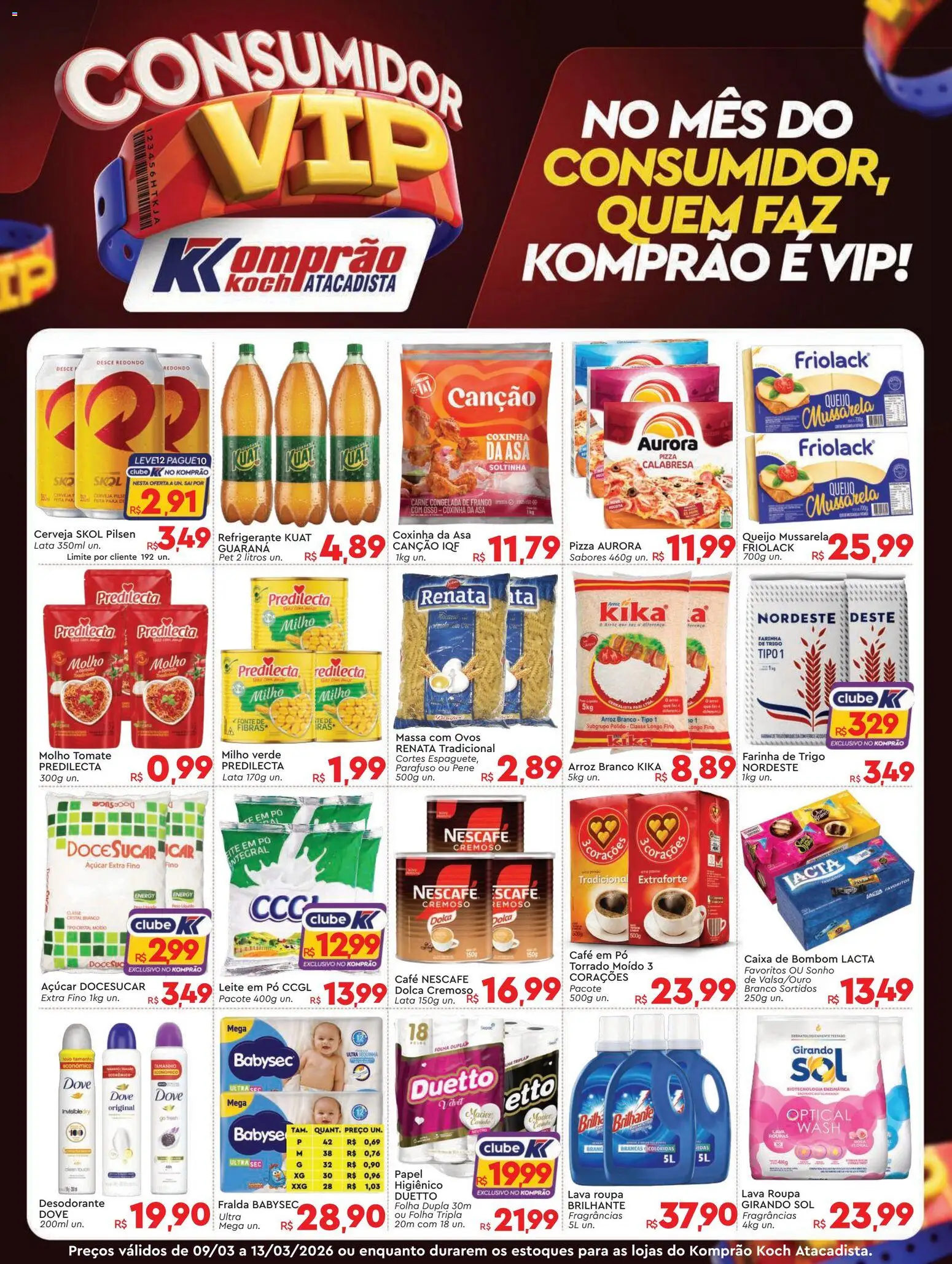 Pré-Visualização do folheto "Komprao Atacadista - Ofertas da semana" da loja Komprao Atacadista válido a partir de 09/03/2026 - Pizza, Desodorante, Mussarela, Tomate, Caixa de bombom, Farinha de trigo, Dove, Girando sol