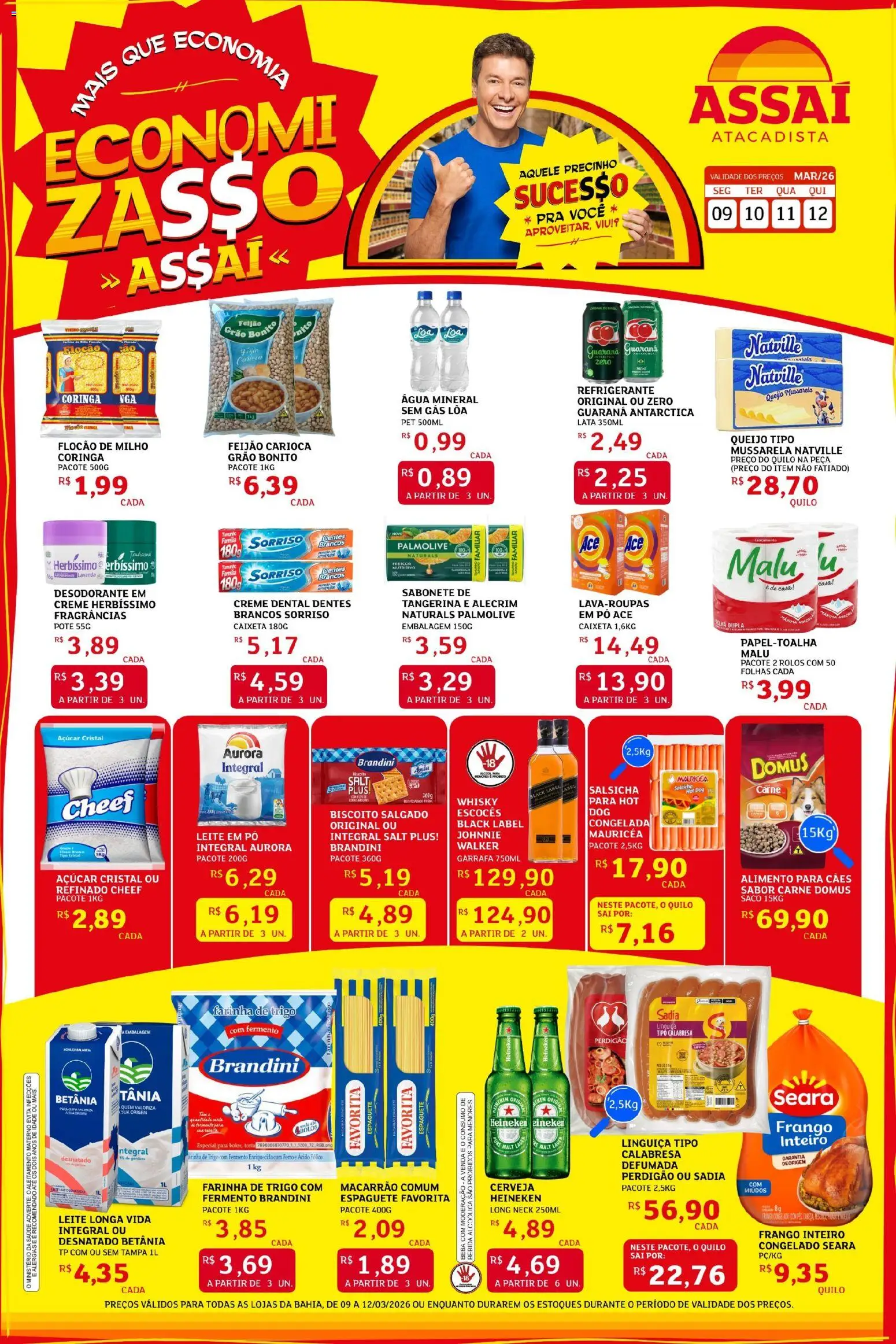 Pré-Visualização do folheto "Assaí Atacadista ofertas - BA" da loja Assaí Atacadista válido a partir de 09/03/2026 - Salsicha, Frango, Mussarela, Pó, Linguiça, Espaguete, Açúcar cristal, Leite longa vida