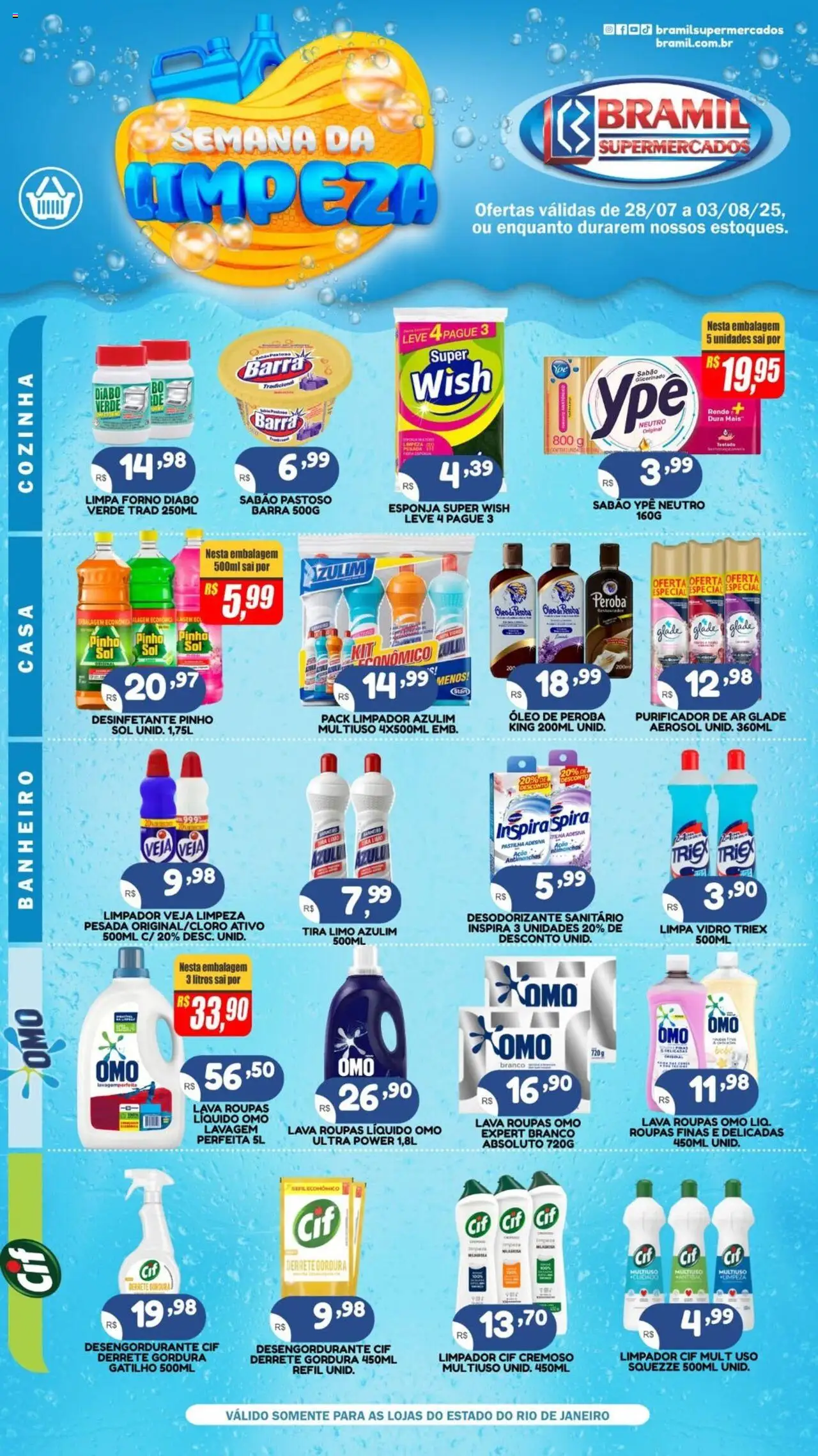 Bramil Supermercados folheto "Ofertas Semana da Limpeza" válido a partir de 28/07/2025 - número de página 1 - Óleo, Purificador de ar, Forno, Esponja, Azulim, Desengordurante, Sabão, Purificador