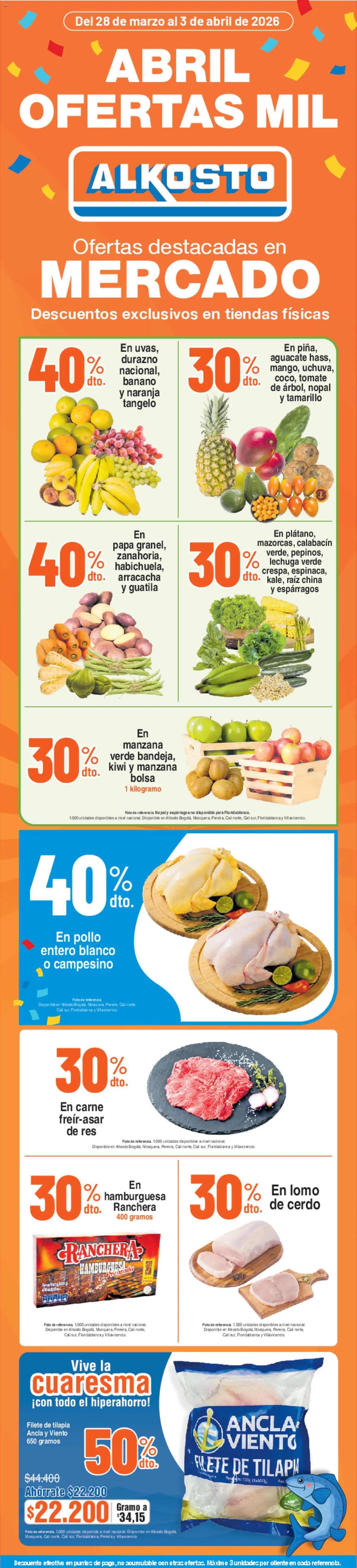  Vista previa del prospecto Alkosto catálogo mercado del almacen Alkosto válida del 28/03/2026 al 03/04/2026 - Pollo, Kiwi, Manzana, Cerdo, Arracacha, Tilapia, Peso, Pollo entero