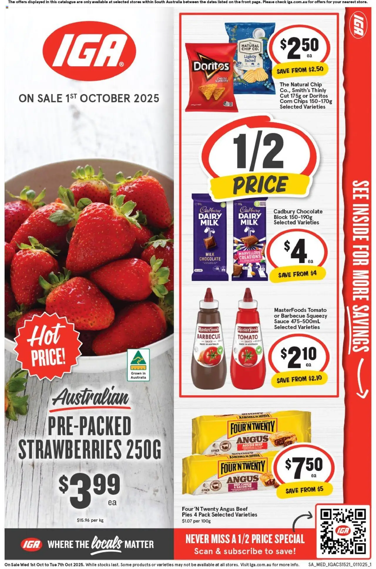 IGA catalogue valid from 01/10/2025 - page 1 - Corn, Bacon, Milk, Dairy, Cheese, Strawberries, Sauce, Pies