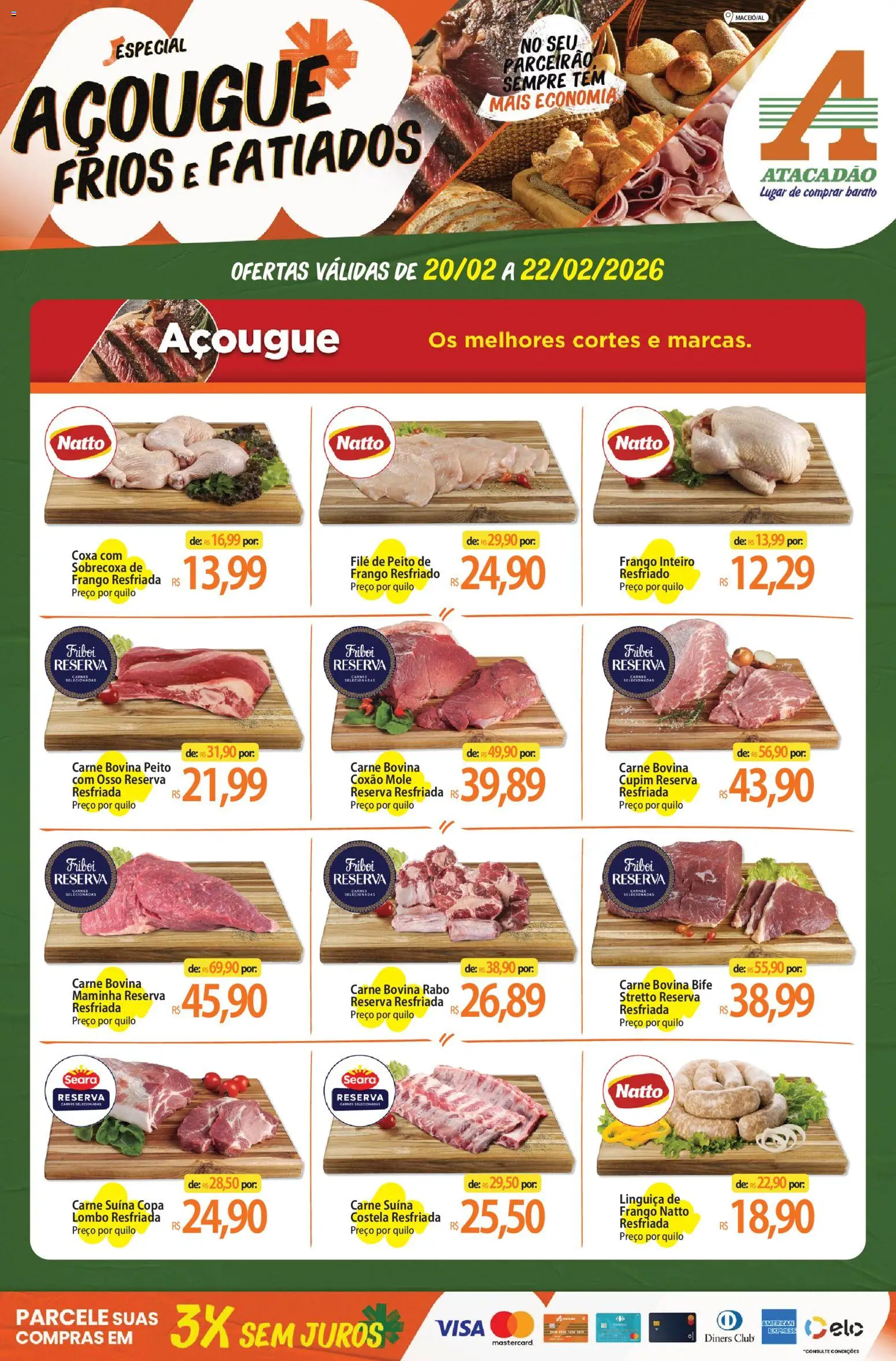 Pré-Visualização do folheto "Ofertas - AL" da loja Atacadão válido a partir de 20/02/2026 - Carne, Linguiça, Carne bovina, Maminha, Lombo, Frango inteiro, Frango resfriado, Coxão mole