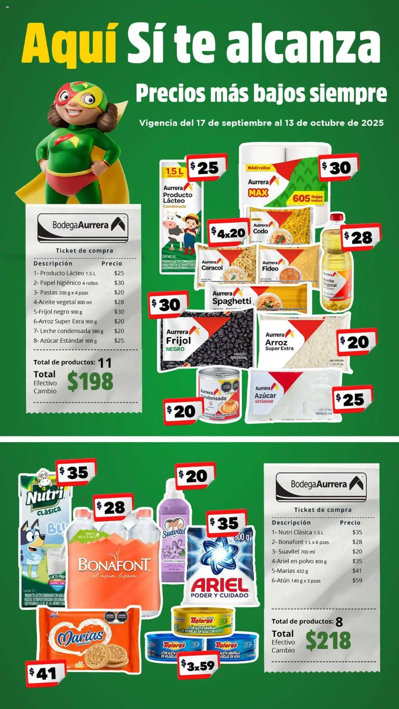Vista previa las ofertas de la tienda Bodega Aurrerá - Folleto Aquí si te Alcanza desde el 17/09/2025 - Azúcar, Vitaminas, Leche condensada, Leche, Arroz, Aceite, Papel higiénico, Atún