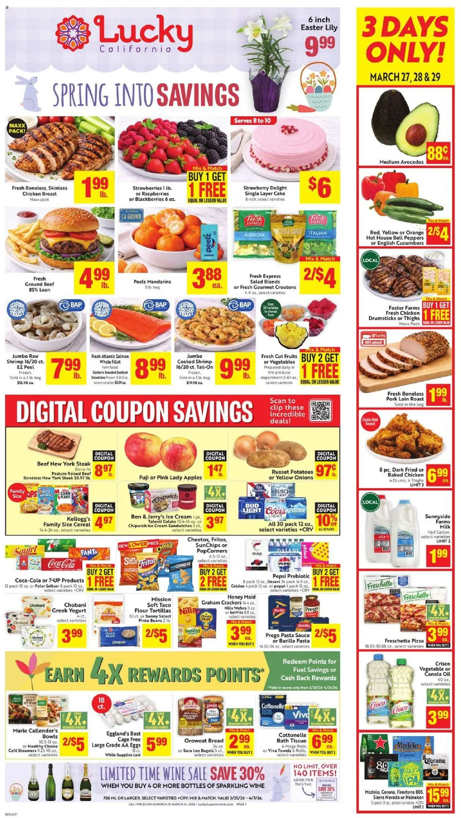 Ad Preview of Lucky Supermarkets Lucky Supermarkets Weekly Ad from 03/25/2026 - Ice cream, Honey, Cereal, Rice, Raspberries, Pork loin, Drumsticks, Barilla