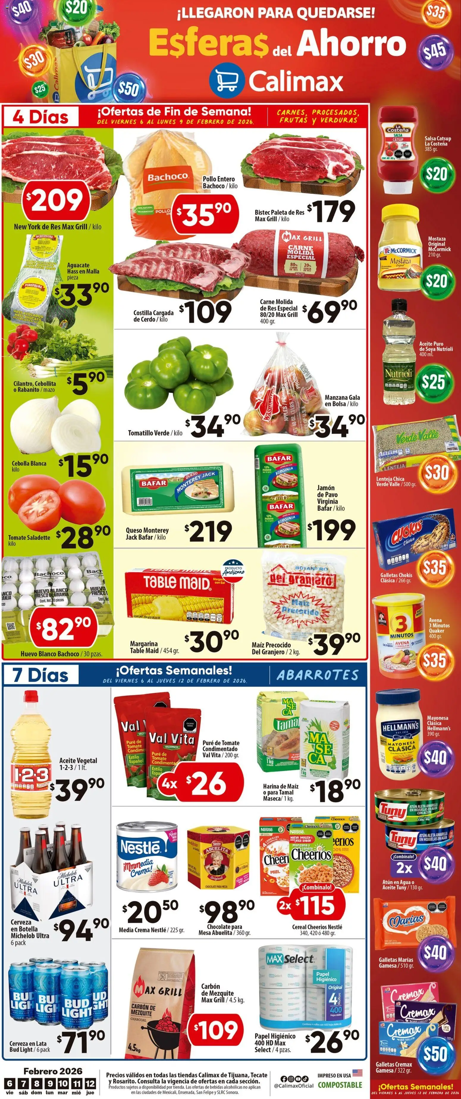 Vista previa las ofertas de la tienda Calimax - Folleto Rosarito desde el 06/02/2026 - Chocolate, Bolsa, Avena, Pavo, Cebolla, Botella, Aceite vegetal, Malla