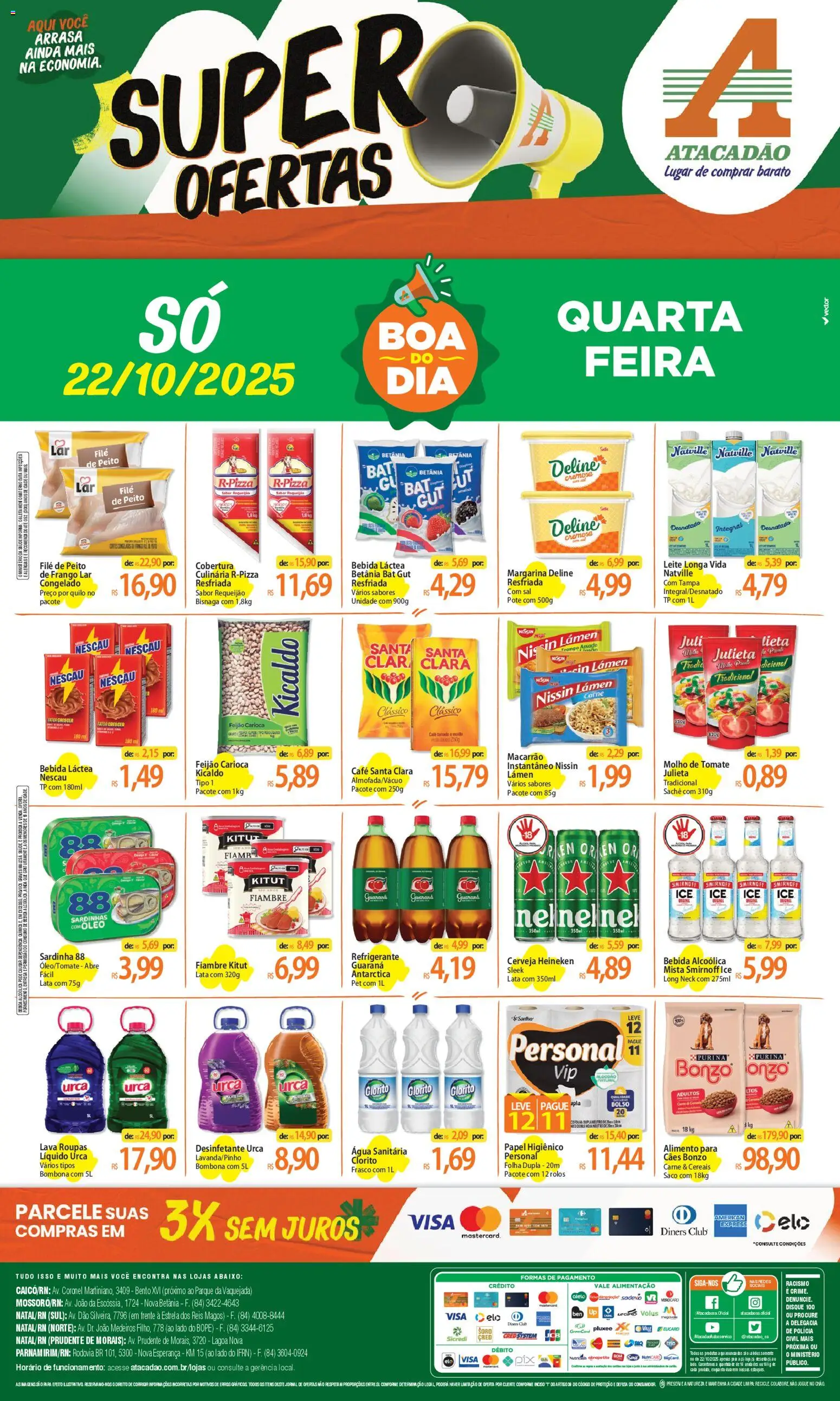 Atacadão folheto "Ofertas - RN" válido a partir de 22/10/2025 - número de página 1 - Café, Macarrão, Cerveja Heineken, Frango, Nescau, Papel higiênico, Requeijão, Água sanitária