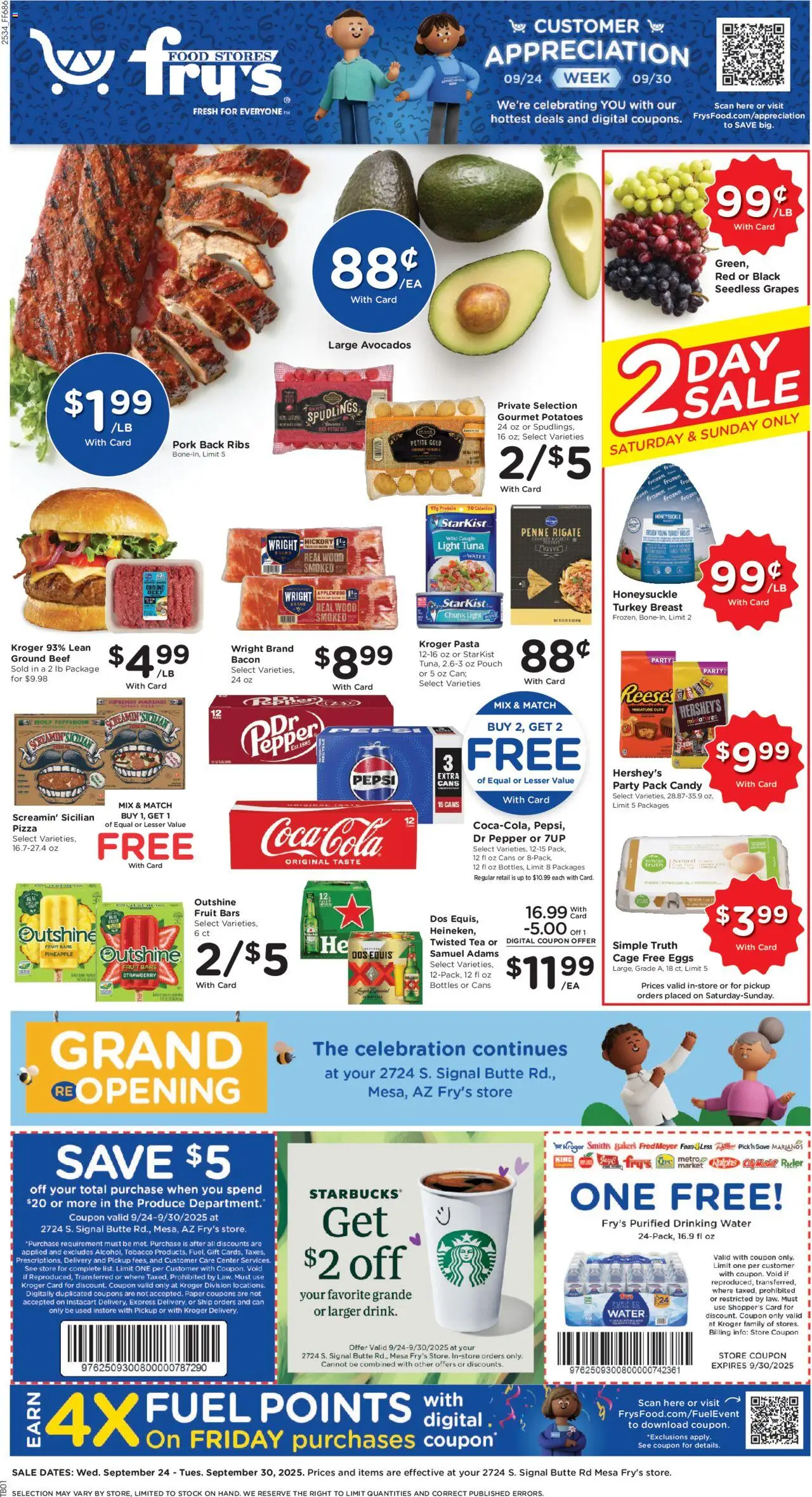 Ad Preview of Fry's Food Weekly Ad from 09/24/2025 - Tea, Potatoes, Pineapple, Bacon, Tuna, Ground beef, Turkey breast, Seedless grapes