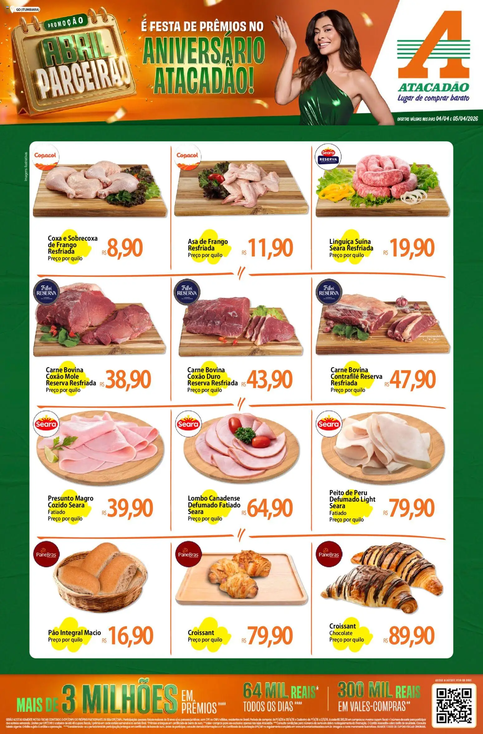 Pré-Visualização do folheto "Atacadão ofertas - GO" da loja Atacadão válido a partir de 04/04/2026 - Pão, Carne, Frango, Linguiça, Carne bovina, Peito de peru, Coxão duro, Coxão mole