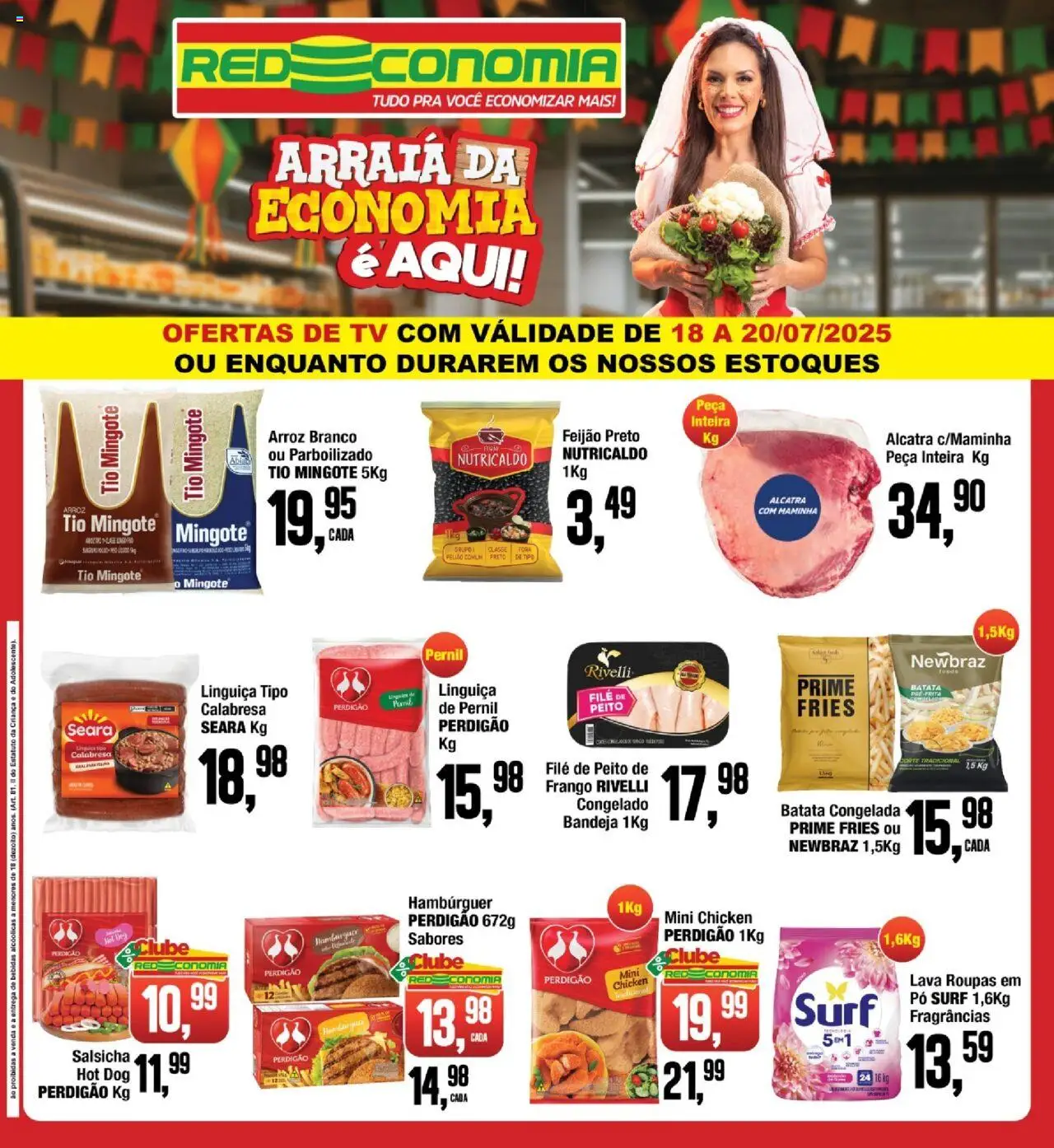 RedEconomia folheto "Encarte" válido a partir de 18/07/2025 - número de página 1 - Hambúrguer, Tv, Salsicha, Batata, Pó, Linguiça, Pernil, Arroz tio mingote