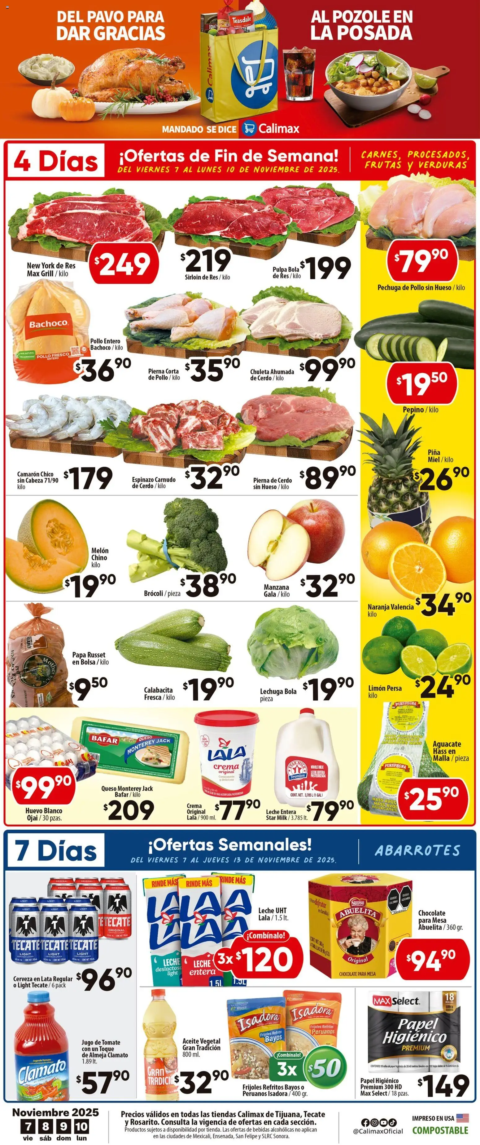 Vista previa las ofertas de la tienda Calimax - Folleto Tijuana desde el 07/11/2025 - Papa, Manzana, Bebidas, Crema, Piña, Papel higiénico, Lechuga, Melón