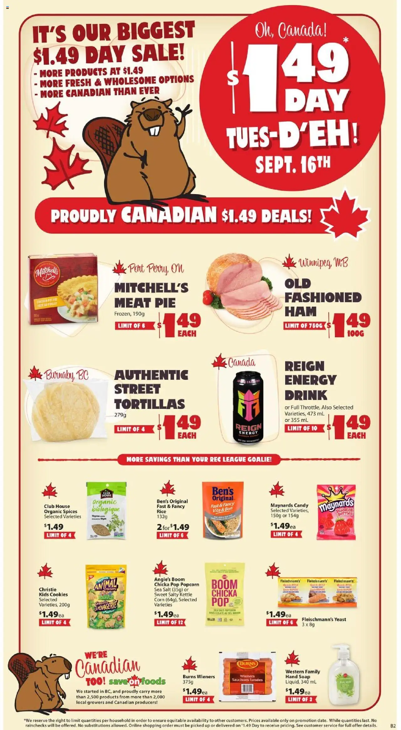 Save on foods flyer valid from Sep 11, 2025 - page number 1 - Chicken, Cookies, Meat, Rice, Soap, Crackers, Yeast, Spices