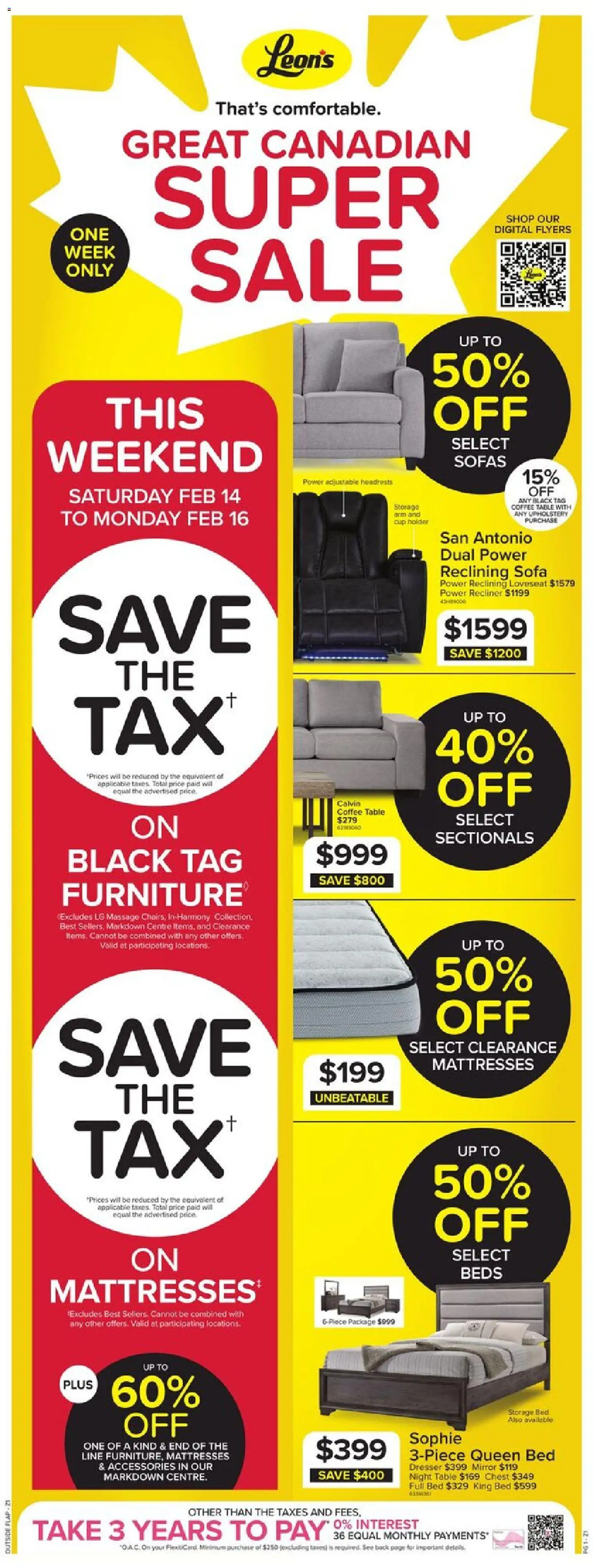Preview of leaflet Weekly flyer / circulaire from shop Leon's is valid from Feb 12, 2026 - Coffee, Mattresses, Sofas, Sofa, Coffee table, Dresser, Mirror, Table