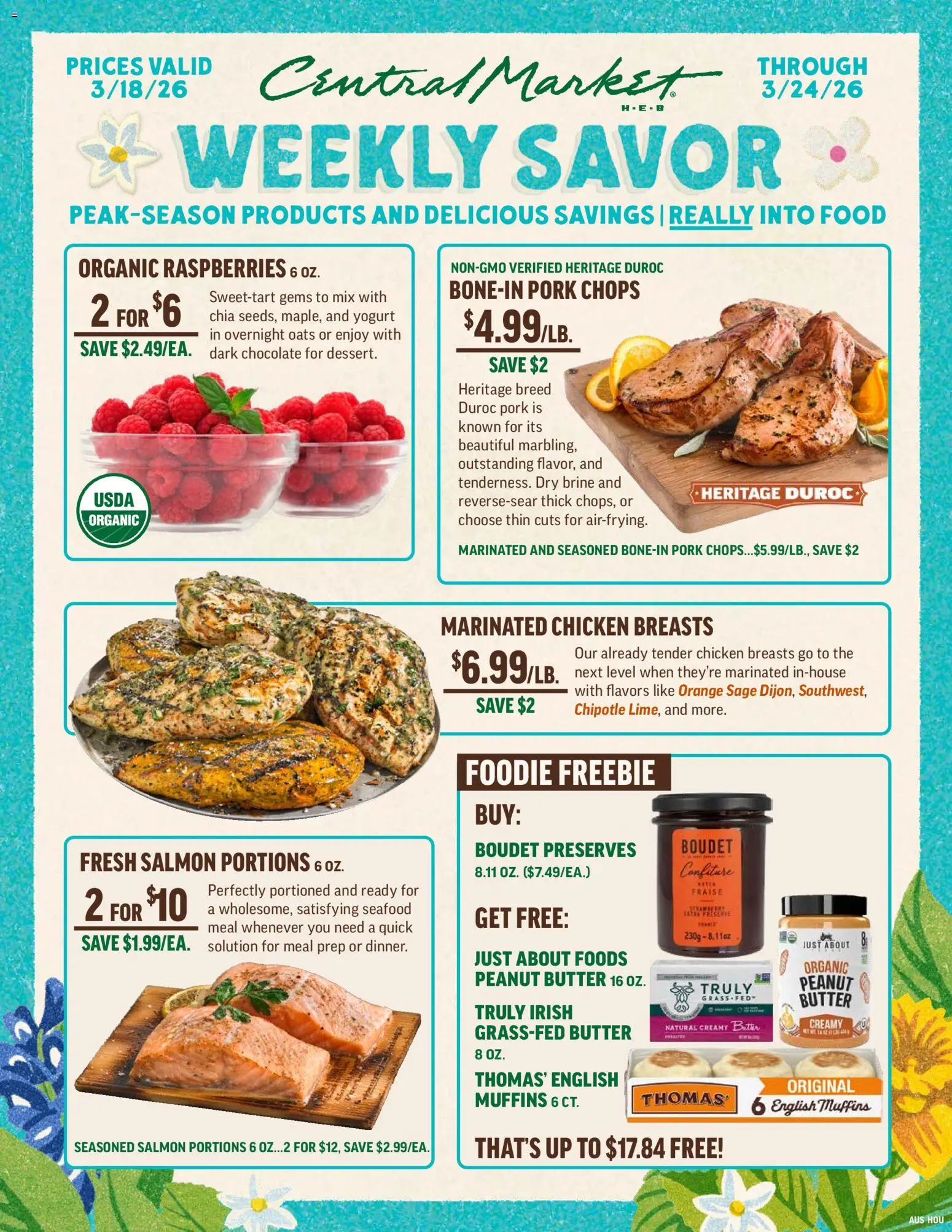 Ad Preview of Central Market Central Market Weekly Ad from 03/18/2026 - Seafood, Chocolate, Salmon, Yogurt, Butter, Peanut butter, Muffins, Chicken