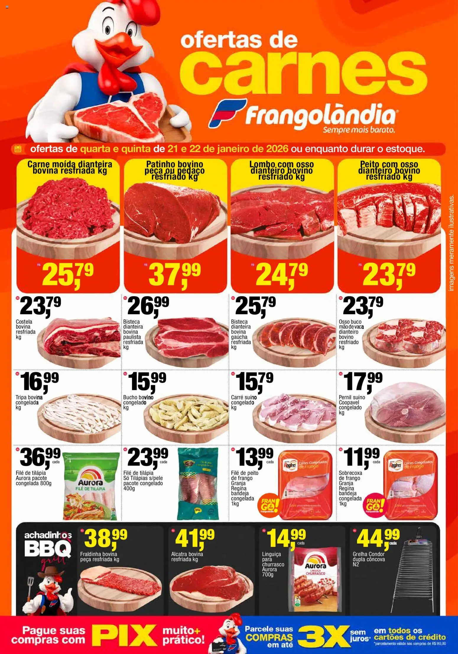 Pré-Visualização do folheto "Ofertas da semana" da loja Frangolândia válido a partir de 21/01/2026 - Carne, Frango, Carne moída, Linguiça, Alcatra, Pernil, Bandeja, Pernil suíno