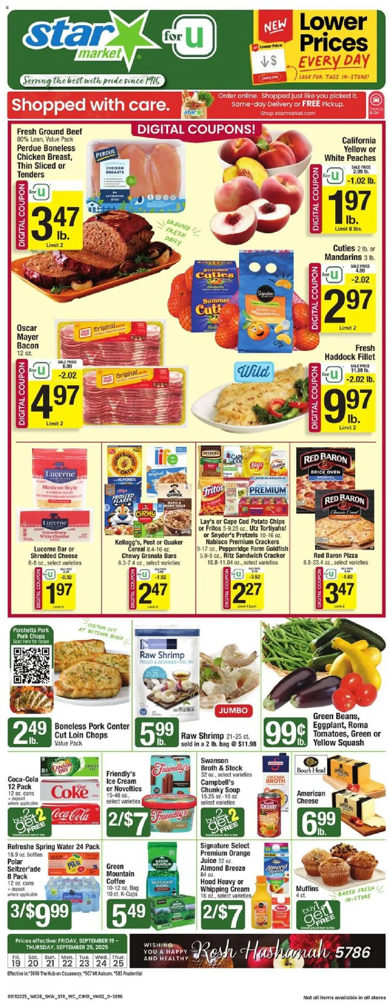 Ad Preview of Star Market Weekly Ad from 09/19/2025 - Pizza, Coffee, Peaches, Juice, Cereal, Bacon, Cream, Oven