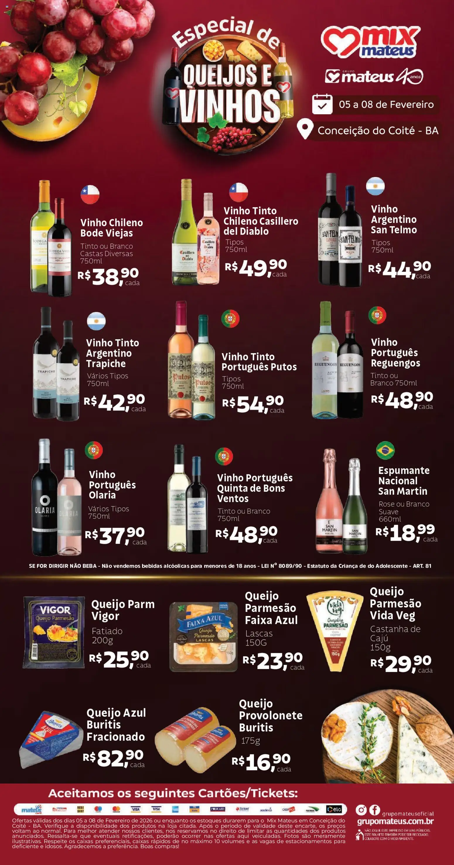 Pré-Visualização do folheto "Ofertas Queijo e Vinhos" da loja Mateus válido a partir de 05/02/2026