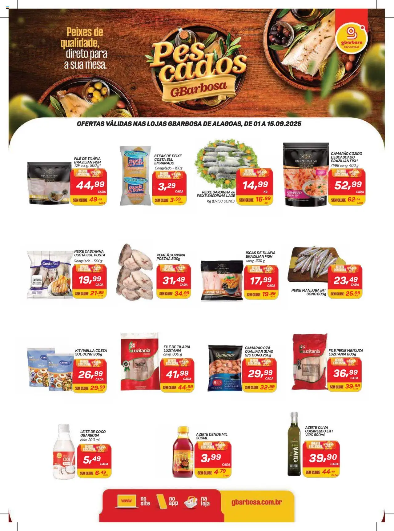 Gbarbosa folheto "Ofertas Especial Pescados" válido a partir de 01/09/2025 - número de página 1 - Coco, Peixe, Leite, Peixes, Sardinha, Filé de tilápia, Leite de coco, Tilápia