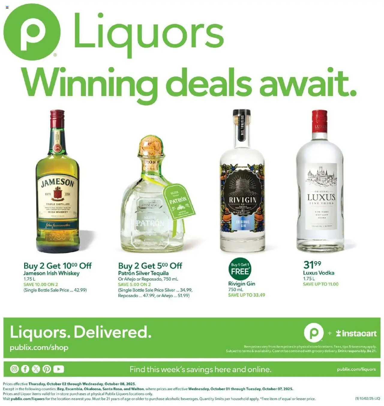 Publix Weekly ad from (10/02/2025) - Ad this week, Flyer - Page number 1 - Tequila, Agave, Vodka, Whiskey, Gin, Jameson, Irish whiskey