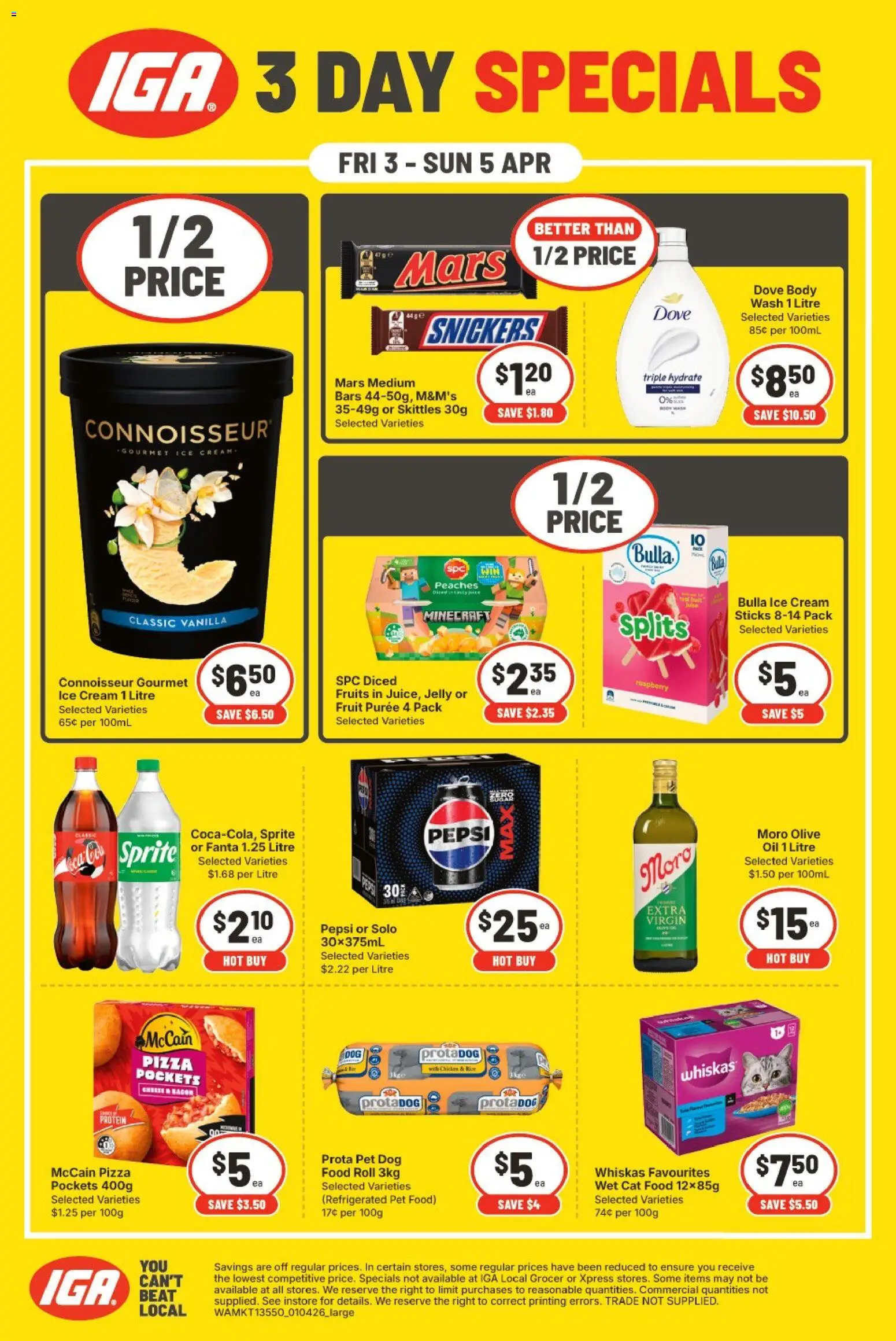 Preview of catalogue IGA 3 Days Specials WA from shop IGA valid 03/04/2026 - Food, Peaches, Cheese, Pepsi, Cream, Ice cream, Fruit, Ice