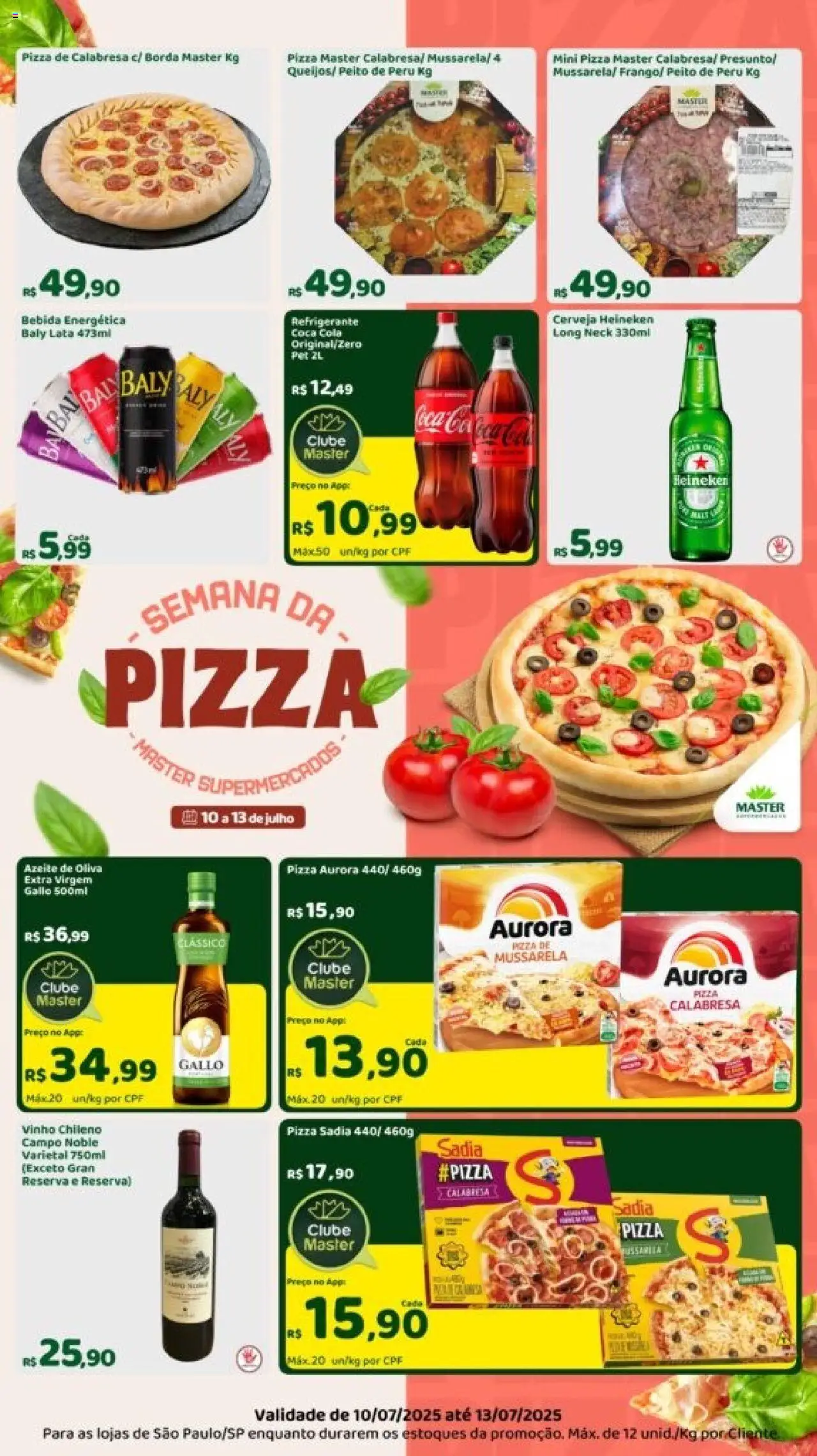 Master folheto "Ofertas Semana da Pizza" válido a partir de 10/07/2025 - número de página 1 - Bebida energética, Pizza, Vinho, Cerveja, Peito de peru, Cerveja Heineken, Heineken, Bebida