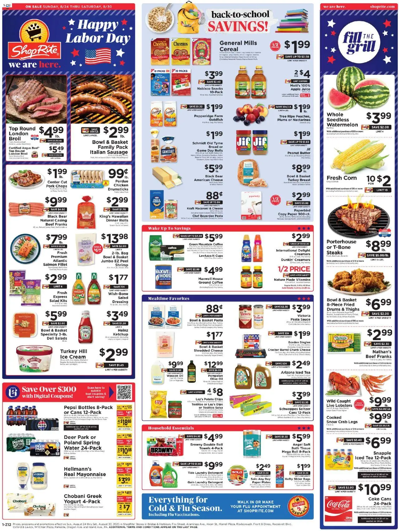 ShopRite Circular from 08/24/2025 >> Weekly Ad, flyer - Page number 1 - Tea, Cheese, Dressing, Plums, Beef, Cream, Potato chips, Salmon fillet
