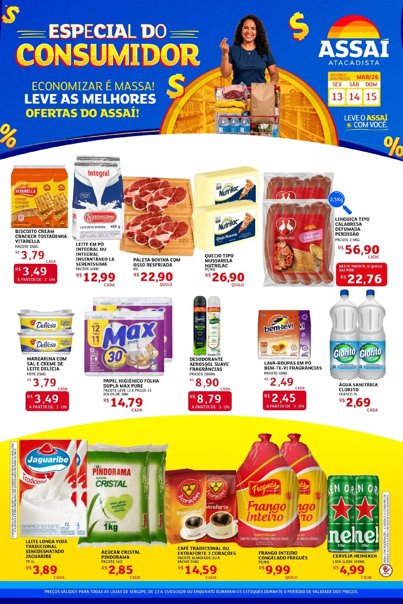 Pré-Visualização do folheto "Assaí Atacadista ofertas - SE" da loja Assaí Atacadista válido a partir de 13/03/2026 - Flores, Heineken, Sal, Mussarela, Açúcar, Almofada, Pó, Margarina