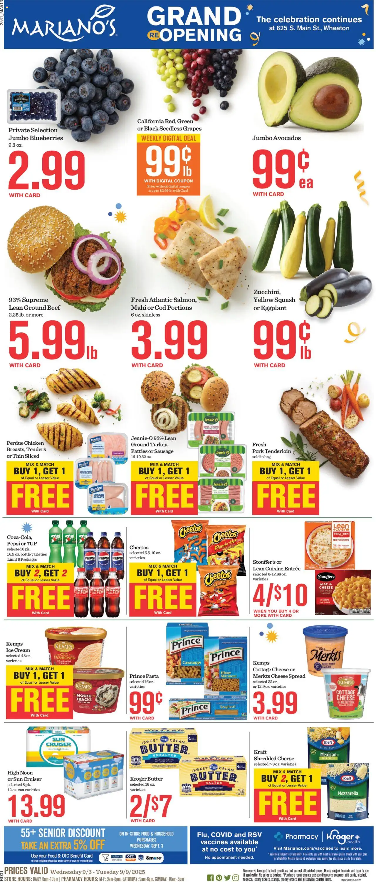 Mariano's Weekly Ad from 09/03/2025 - Flyer - Page number 1 - Pizza, Ice cream, Ice, Spaghetti, Beef, Eggplant, Bag, Chicken breasts