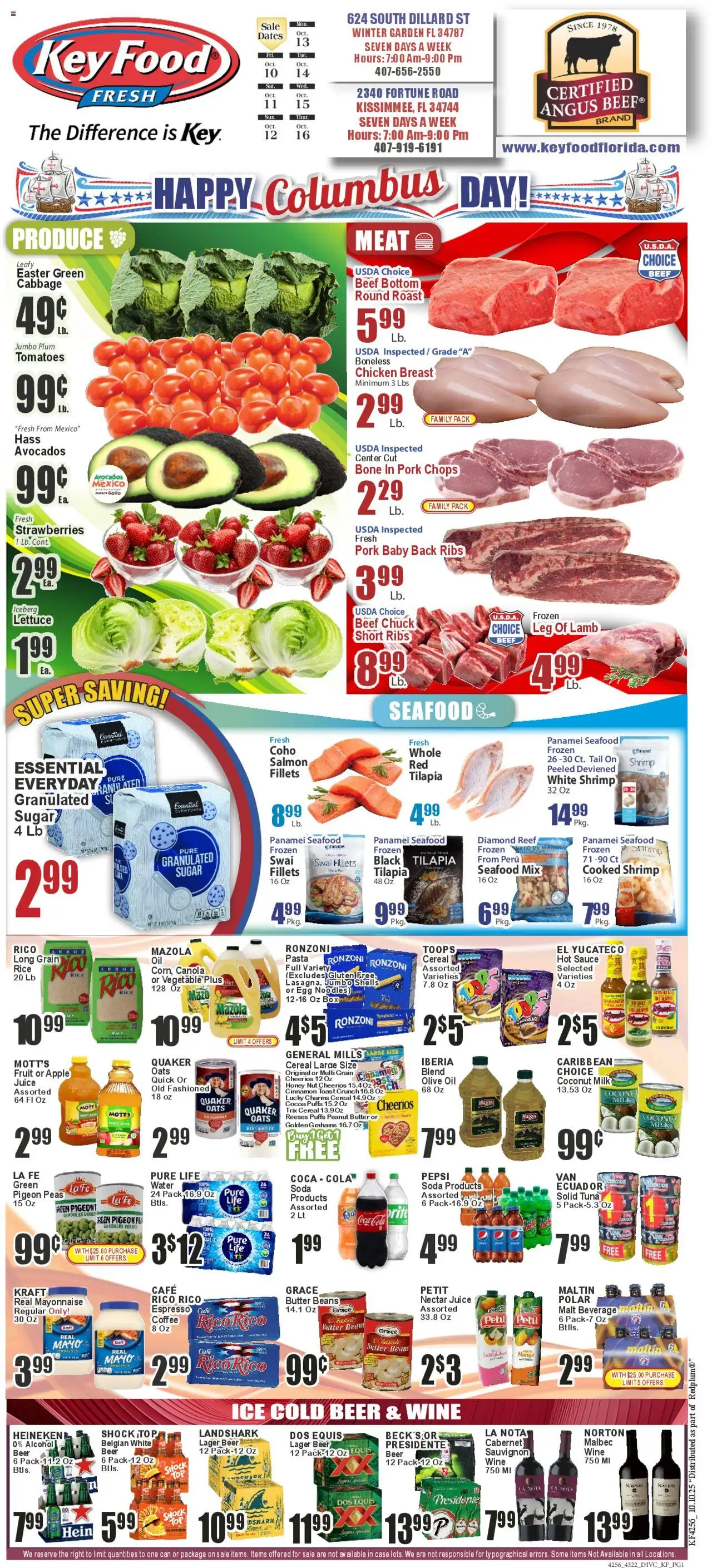 Key Food Weekly Circular (10/10/2025) >> Weekly Ad - Page number 1 - Salmon, Shrimp, Meat, Rice, Tuna, Coconut, Heineken, Chicken