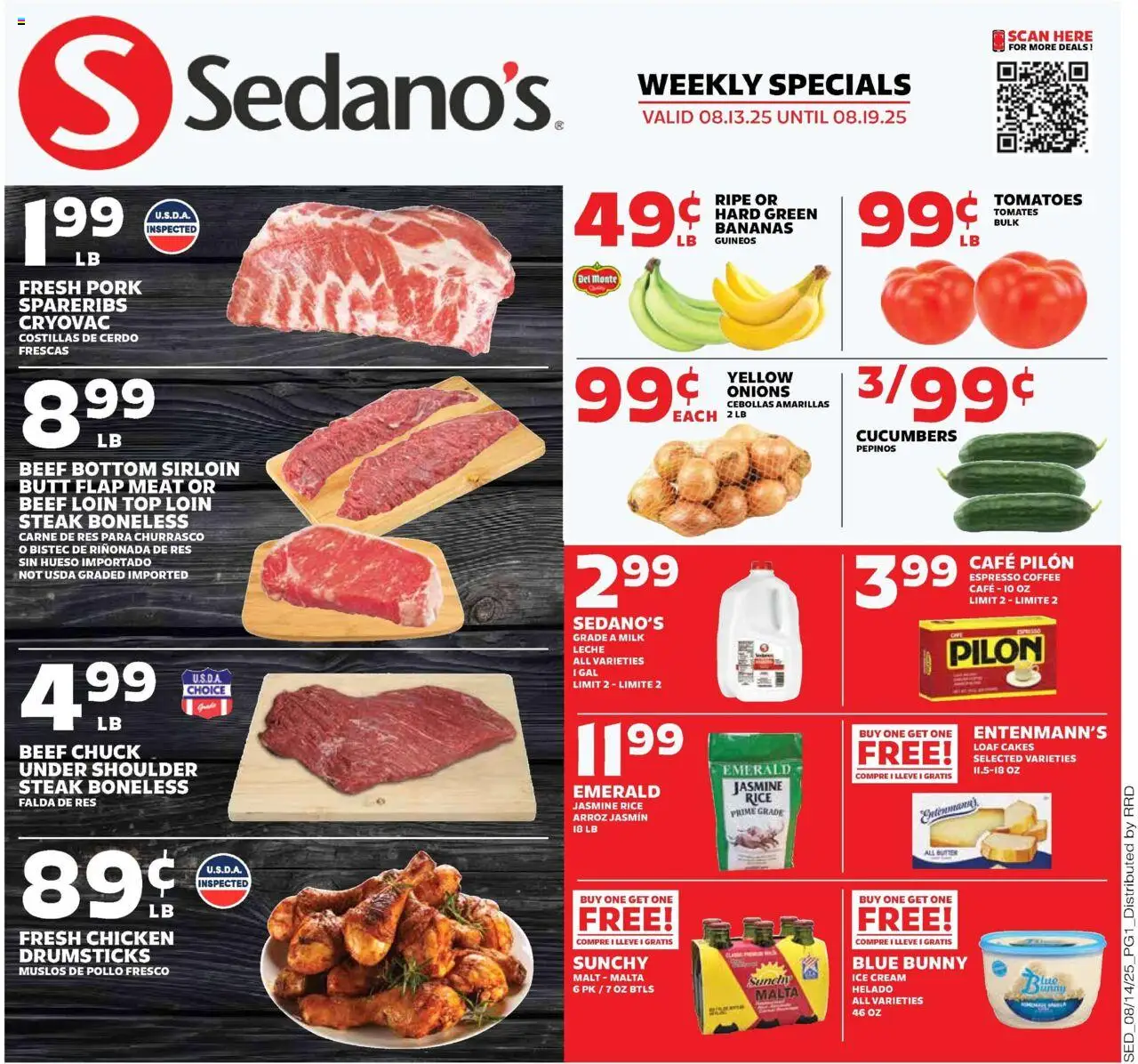 Sedano's Weekly Ad from 08/13/2025 - Flyer - Page number 1 - Coffee, Ice, Milk, Tomatoes, Meat, Jasmine rice, Cream, Beef chuck