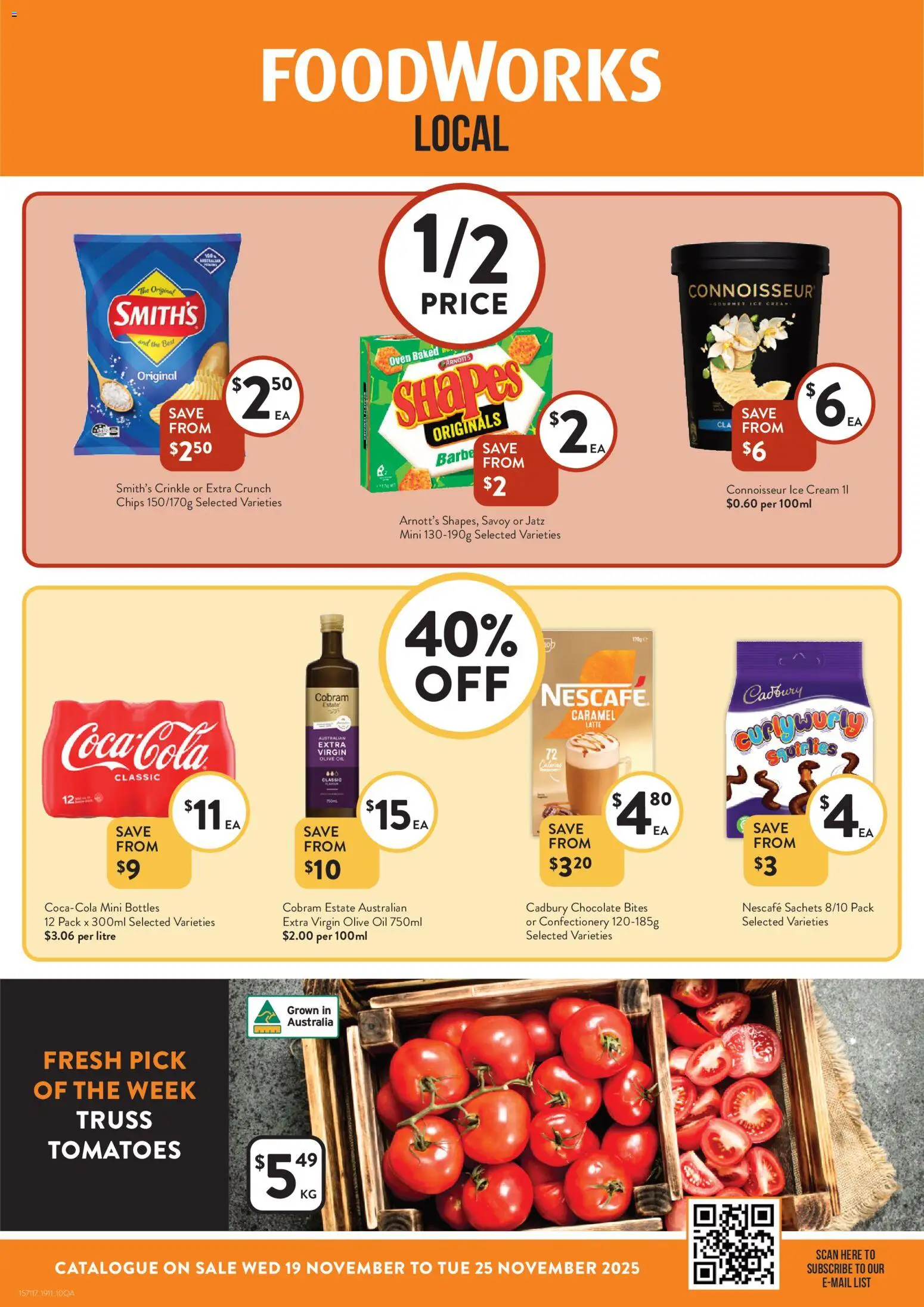 Preview of catalogue Catalogue QLD from shop Foodworks valid 19/11/2025 - Oil, Chocolate, Tomatoes, Chips, Cream, Ice cream, Extra virgin olive oil, Nescafe