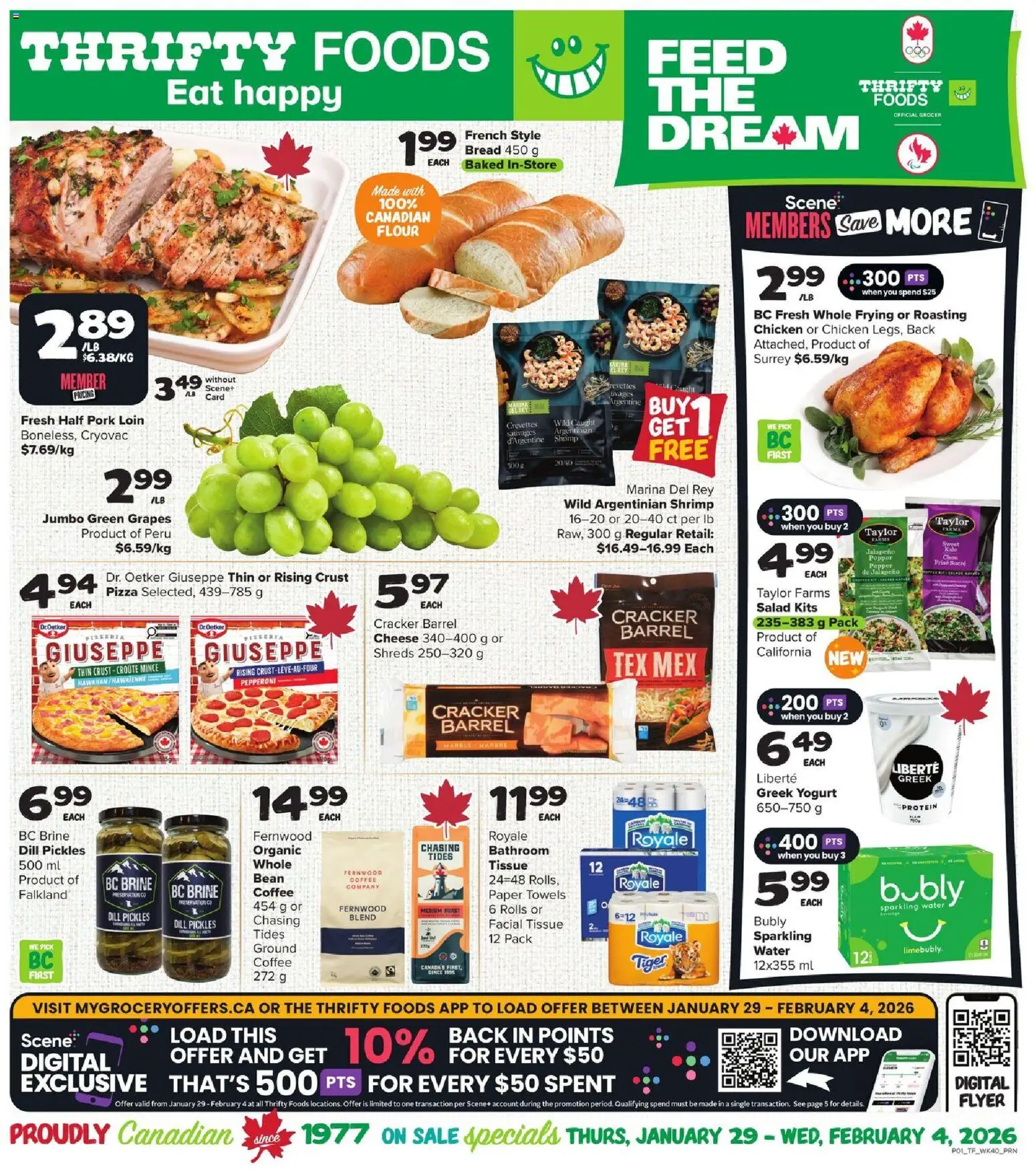 Preview of leaflet Weekly flyer / circulaire from shop Thrifty Foods is valid from Jan 29, 2026 - Coffee, Chicken, Salad, Cheese, Bread, Pork, Roast, Towels