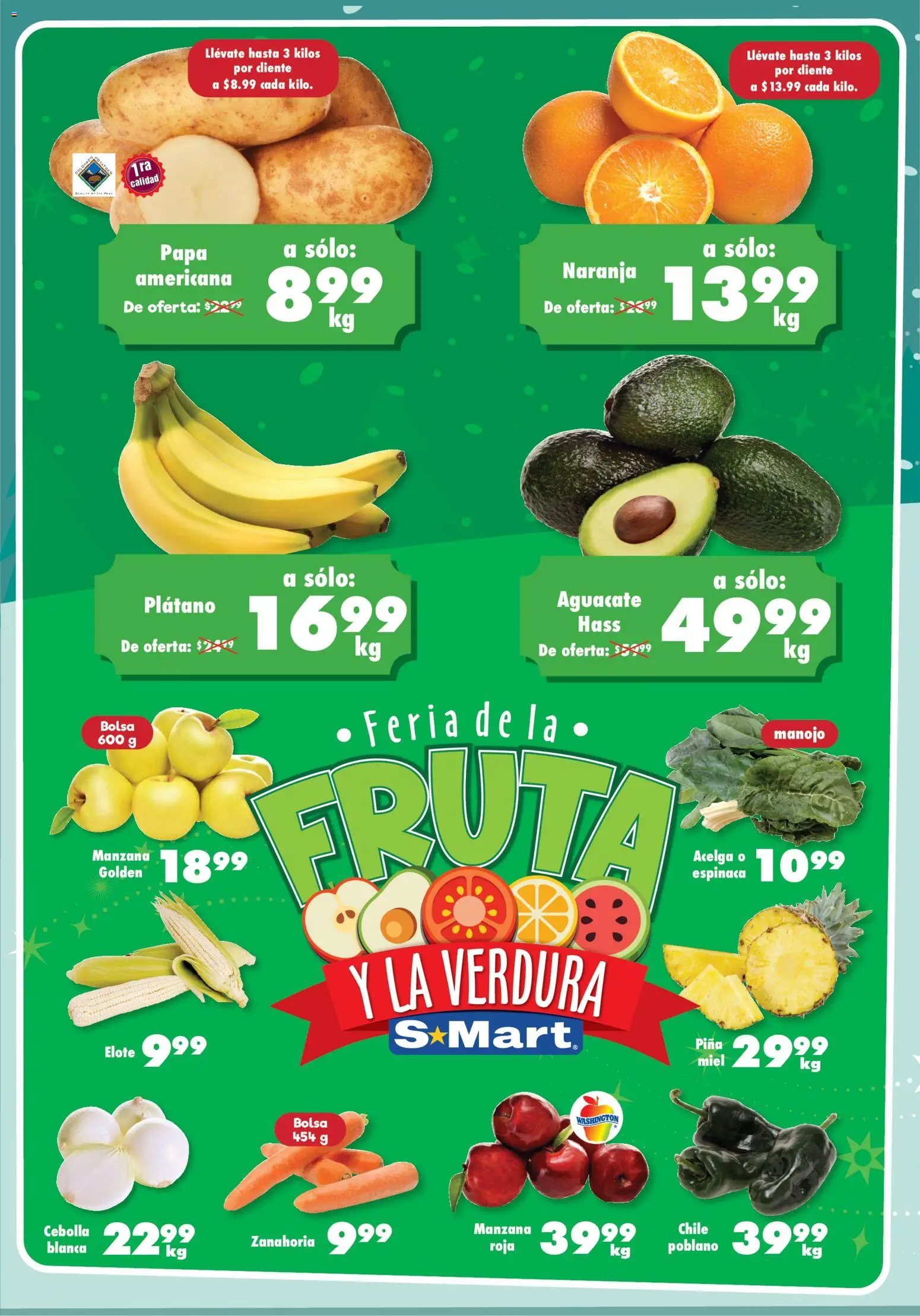 Vista previa las ofertas de la tienda S-Mart - Folleto Juárez desde el 18/11/2025 - Fruta, Chile, Bolsa, Aguacate, Plátano, Zanahoria, Cebolla, Acelga