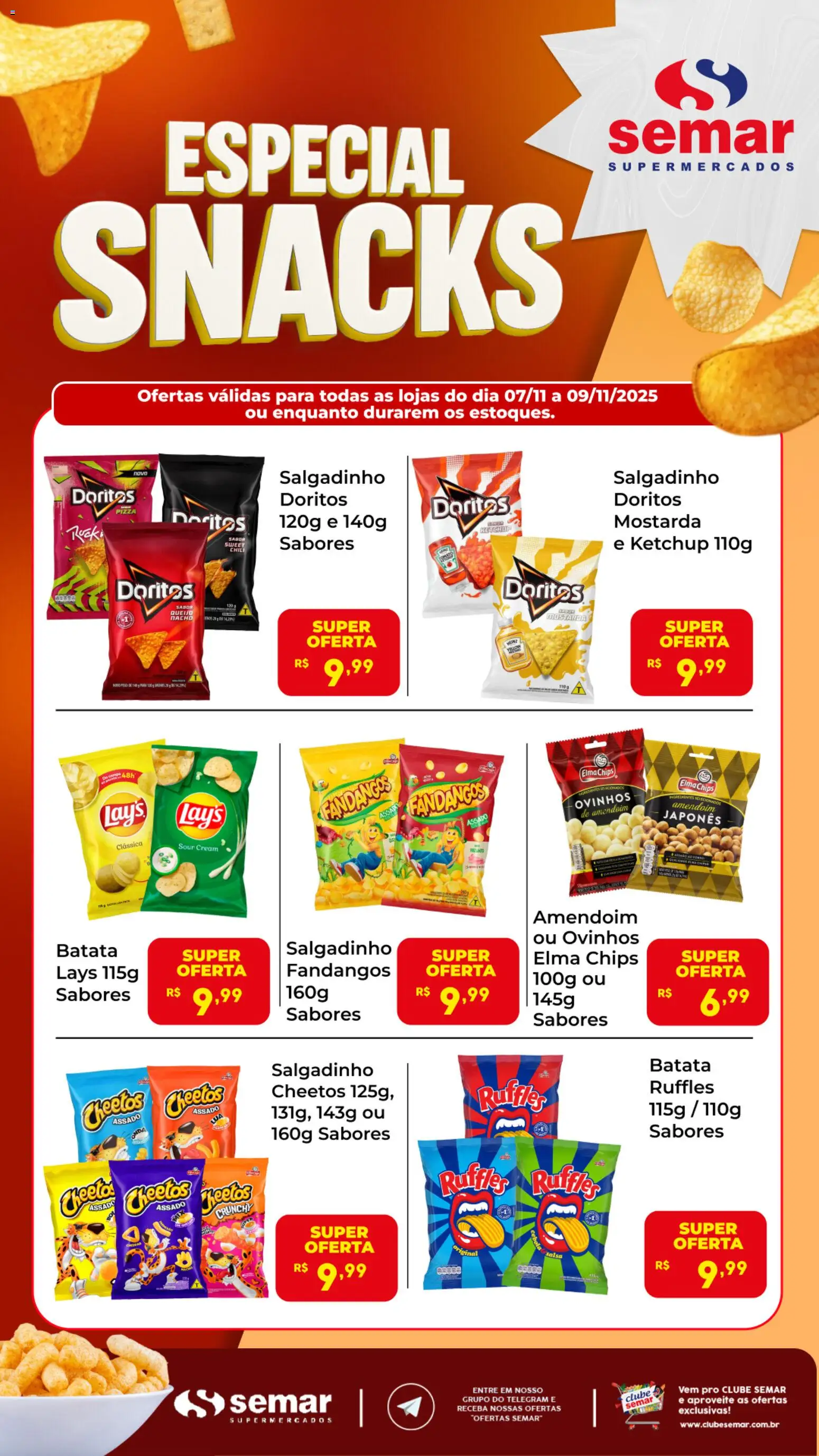 Pré-Visualização do folheto "Ofertas Especial Snacks" da loja Semar Supermercado válido a partir de 07/11/2025 - Pizza, Amendoim, Cheetos, Batata, Elma Chips, Ketchup, Salsa, Mostarda