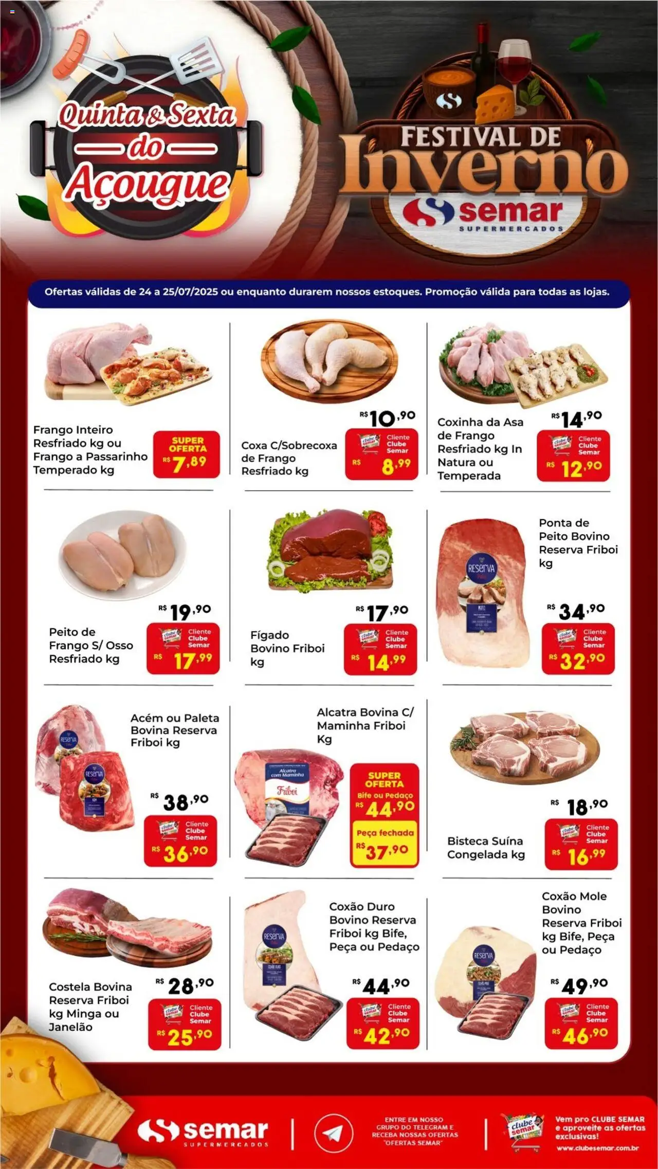 Semar Supermercado folheto "Ofertas do Açougue" válido a partir de 24/07/2025 - número de página 1 - Coxão mole, Coxão duro, Frango inteiro, Acém, Alcatra, Maminha, Fígado, Frango