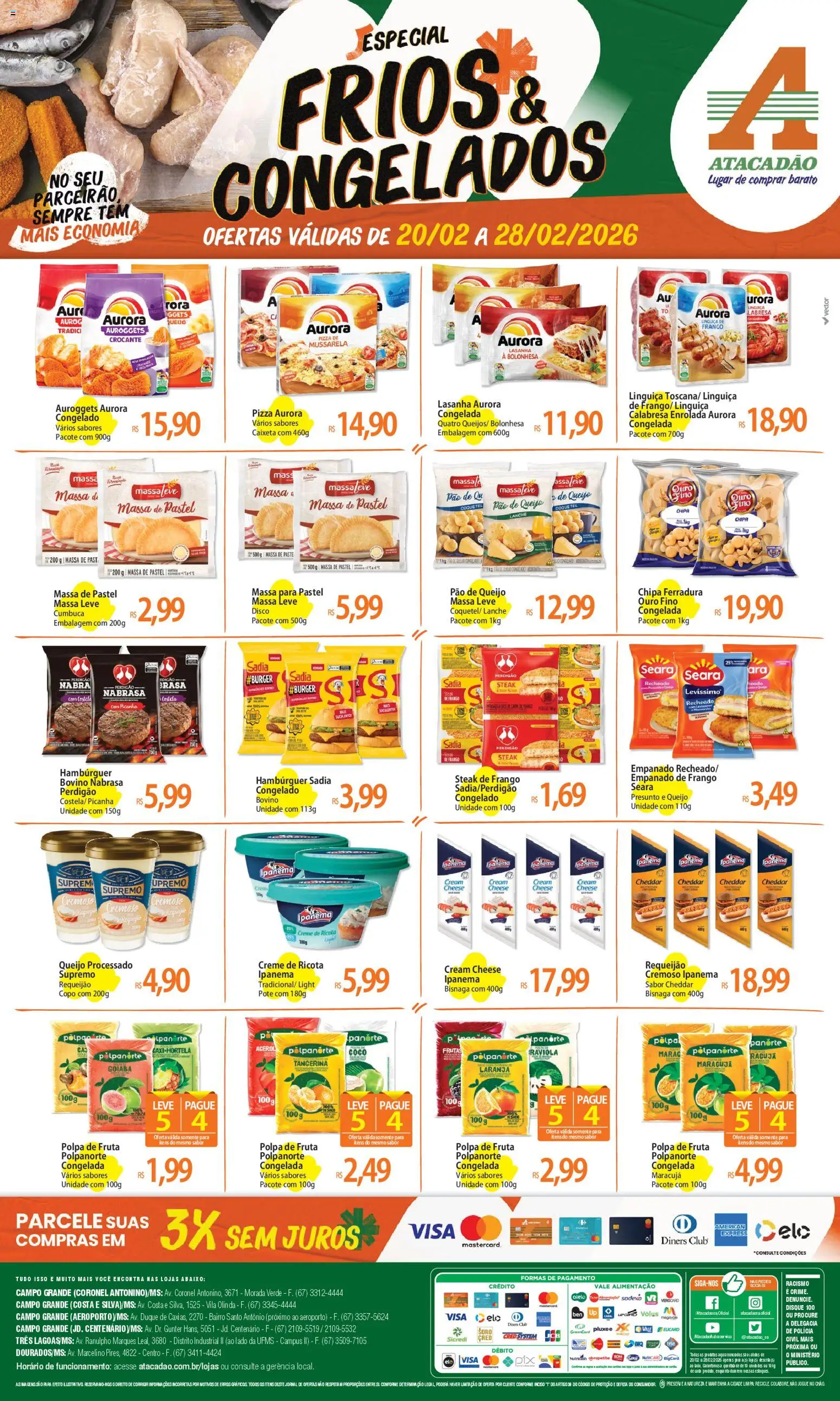 Pré-Visualização do folheto "Ofertas - MS" da loja Atacadão válido a partir de 20/02/2026 - Hambúrguer, Coco, Frutas, Cream cheese, Pão, Cheddar, Massa de pastel, Queijo processado