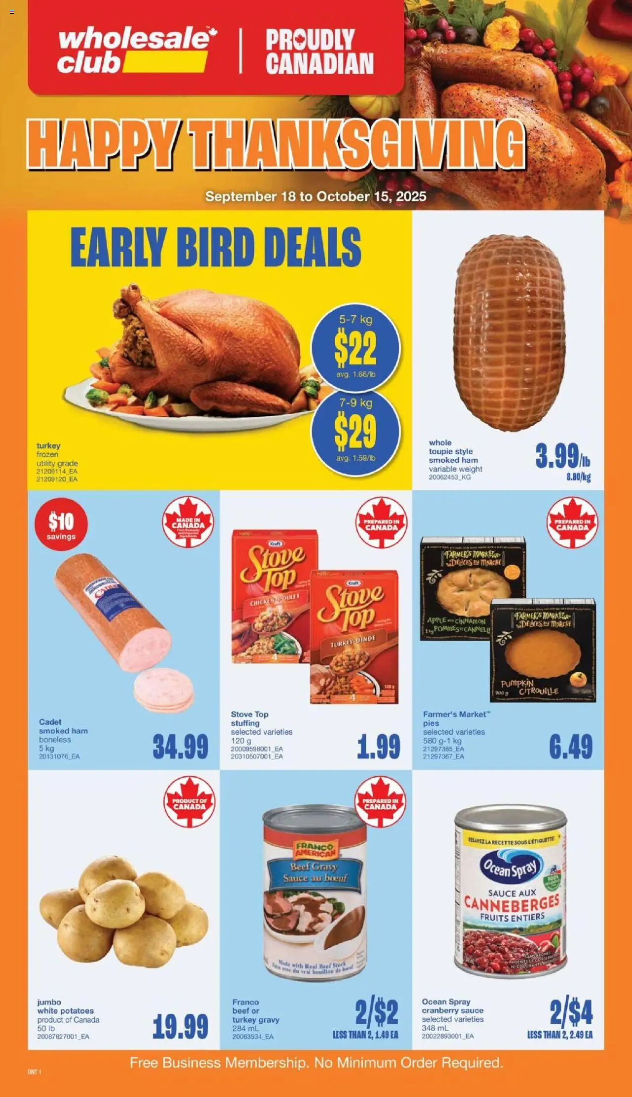 Wholesale Club flyer valid from Sep 18, 2025 - page number 1 - Citrouille, Canneberges, Dinde, Bouillon, Poulet