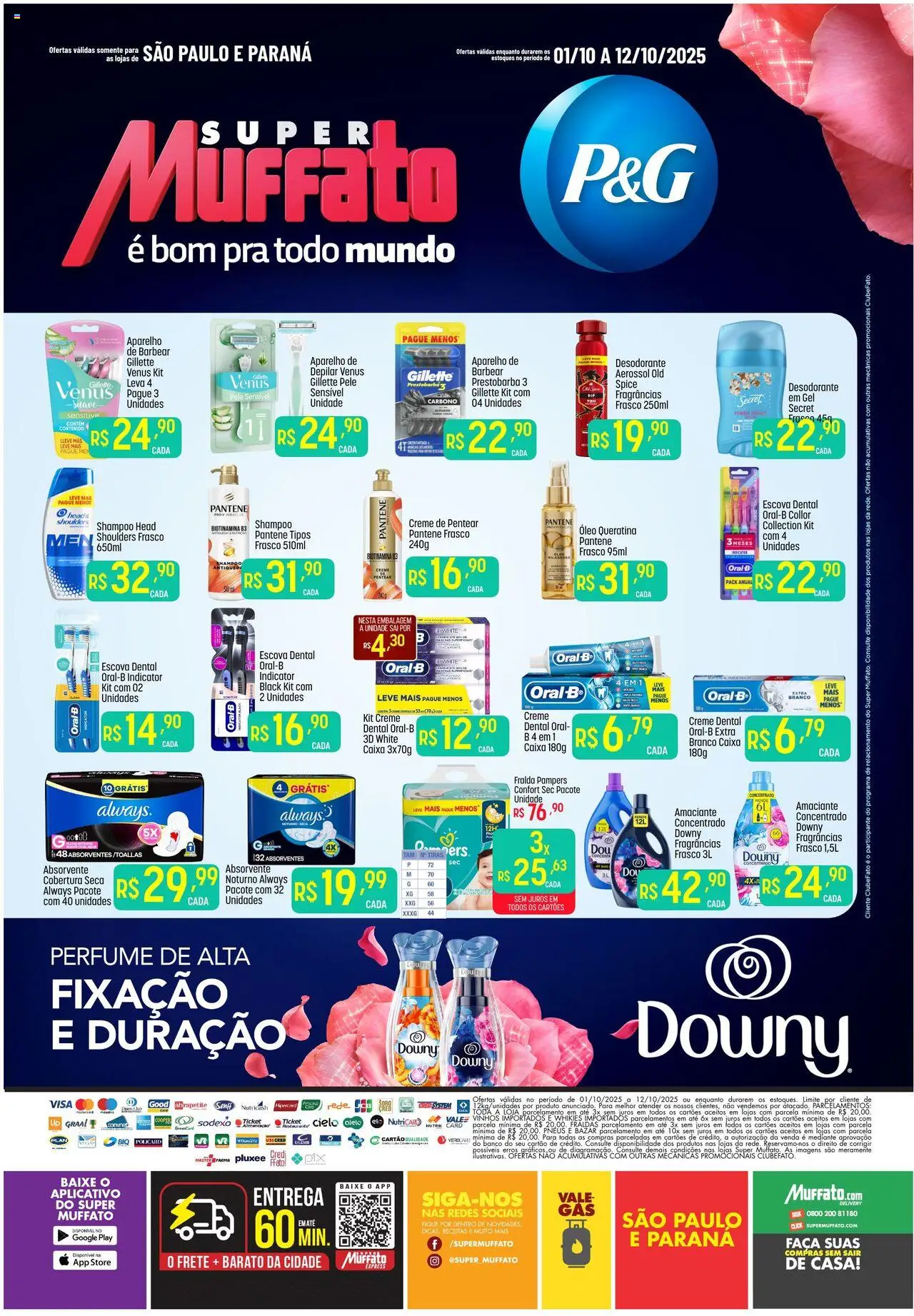 Super Muffato folheto "Ofertas P&G" válido a partir de 01/10/2025 - número de página 1 - Banco, Fralda pampers, Desodorante, Óleo, Pneus, Creme, Amaciante, Faca