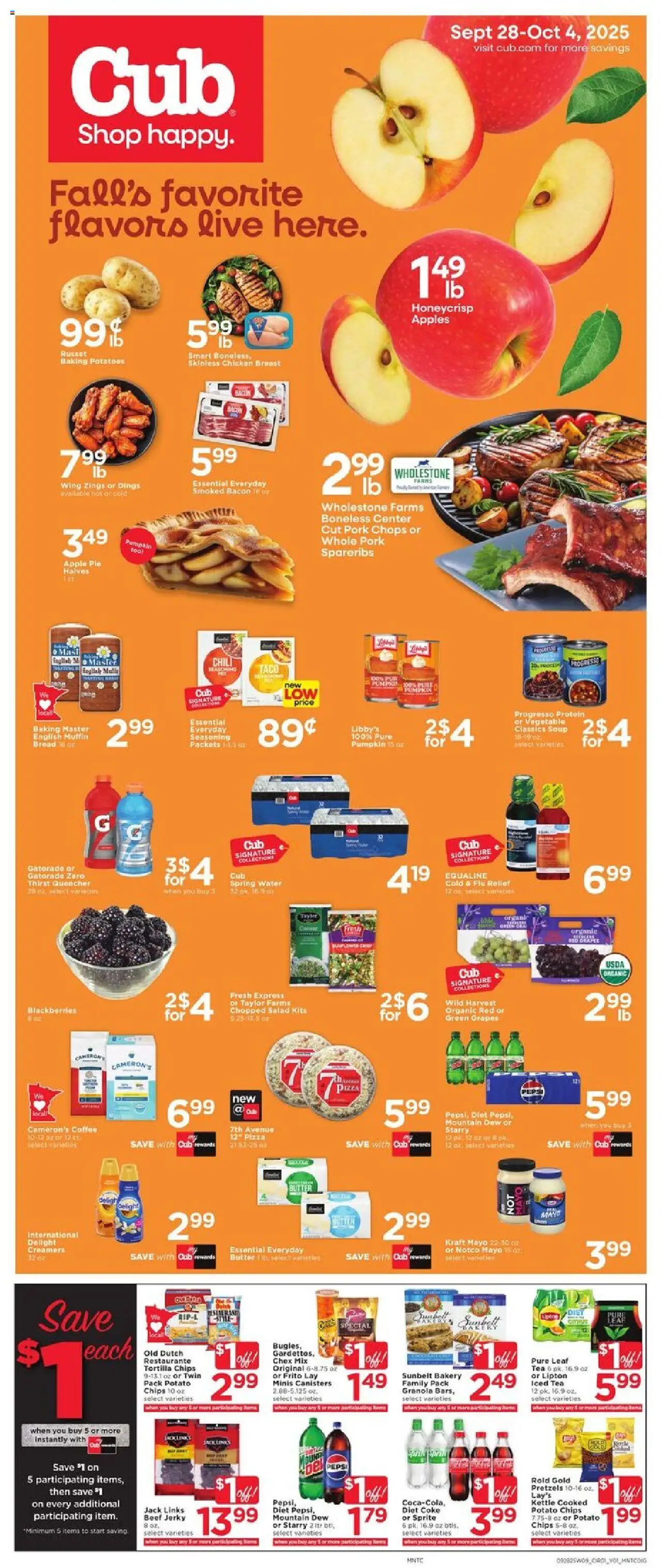 Cub Foods Weekly Ad from 09/28/2025 - Flyer - Page number 1 - Pizza, Water, Tea, Butter, Sprite, Apple Pie, Muffin, Iced tea