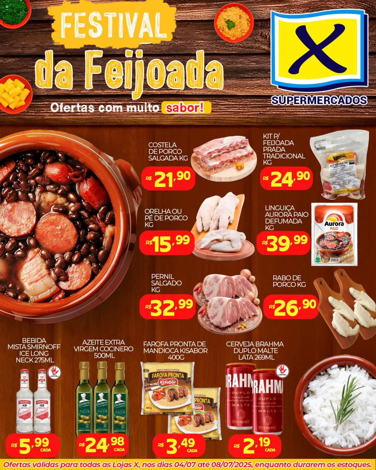 X Supermercados folheto "Ofertas Festival da Feijoada" válido a partir de 04/07/2025 - número de página 1 - Mandioca, Linguiça, Pernil, Cerveja, Bebida, Farofa, Azeite
