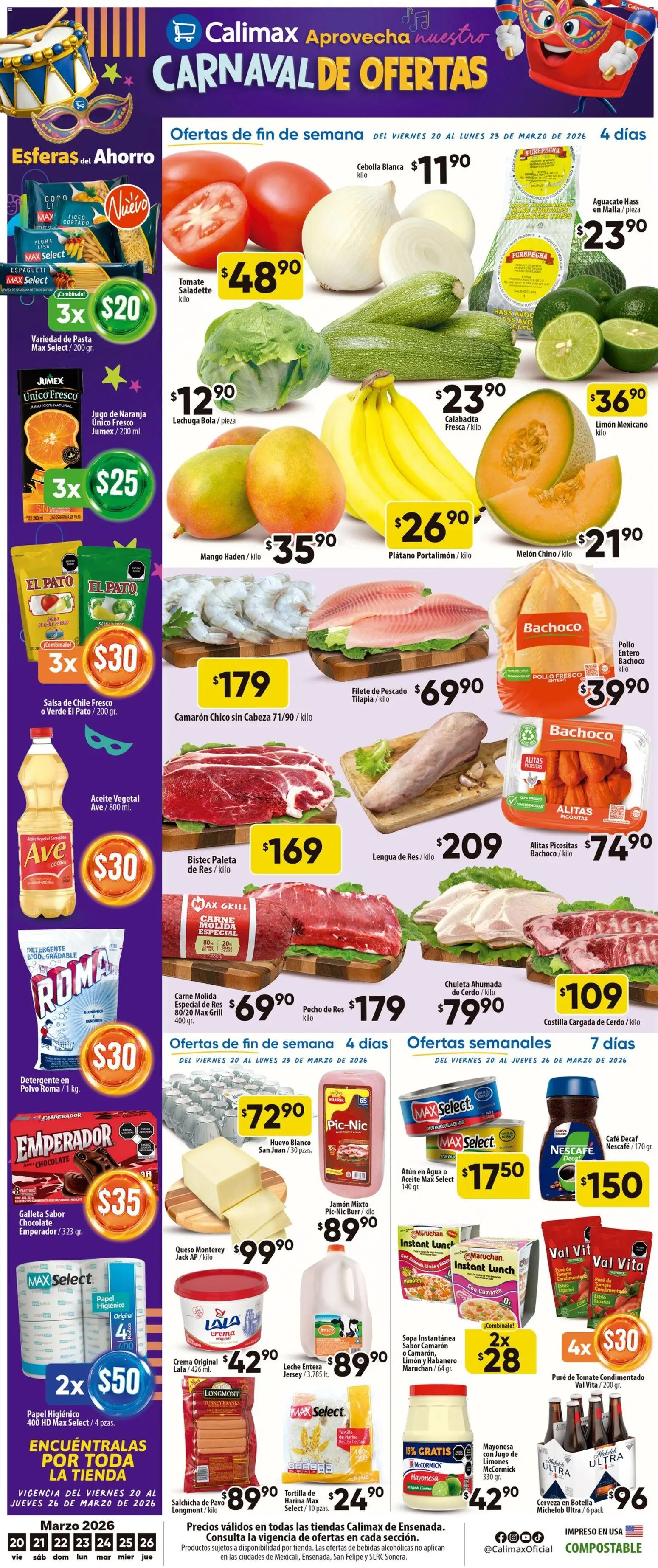Vista previa las ofertas de la tienda Calimax - Calimax folleto Ensenada desde el 20/03/2026 - Leche, Huevo, Carne, Cerdo, Bistec, Paleta, Tilapia, Puré