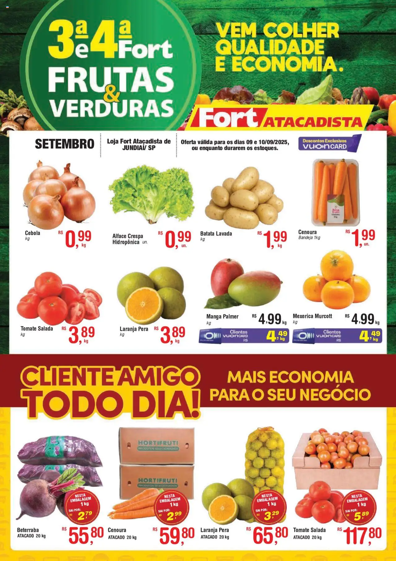 Fort Atacadista folheto "Ofertas Frutas, Verduras" válido a partir de 09/09/2025 - número de página 1 - Manga, Beterraba, Tomate, Cenoura, Alface, Mexerica, Cebola, Bandeja