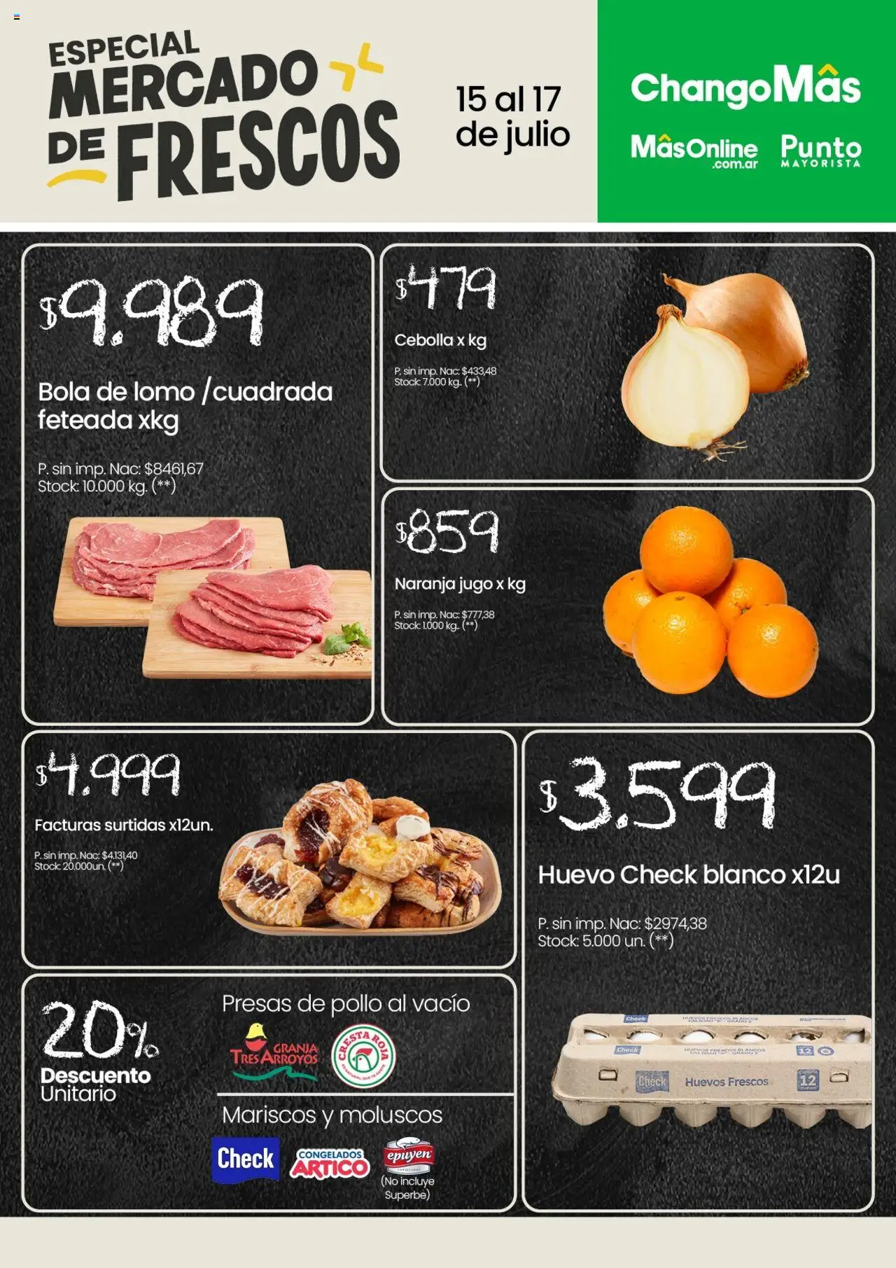 Punto Mayorista Especial mercado de frescos del 15/07/2025 Online - Mariscos, Lomo, Pollo, Cebolla, Presas de pollo, Huevo, Huevos, Jugo